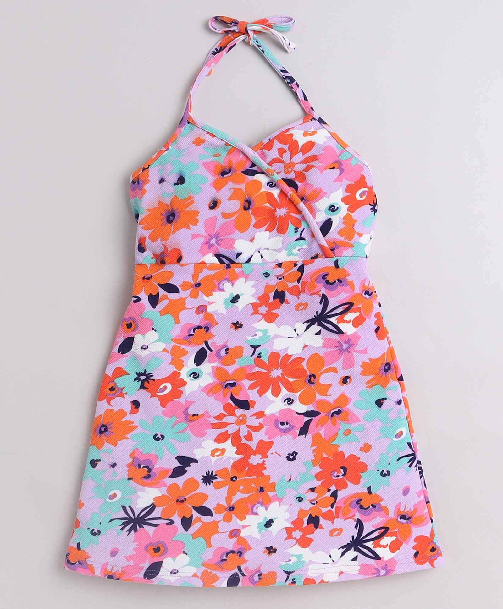 Floral printed  sleeveless Halter neck A-line dress-Multi