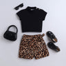 Solid half sleeves backless tie-up crop top with Leopard printed  skorts set-Black/Brown