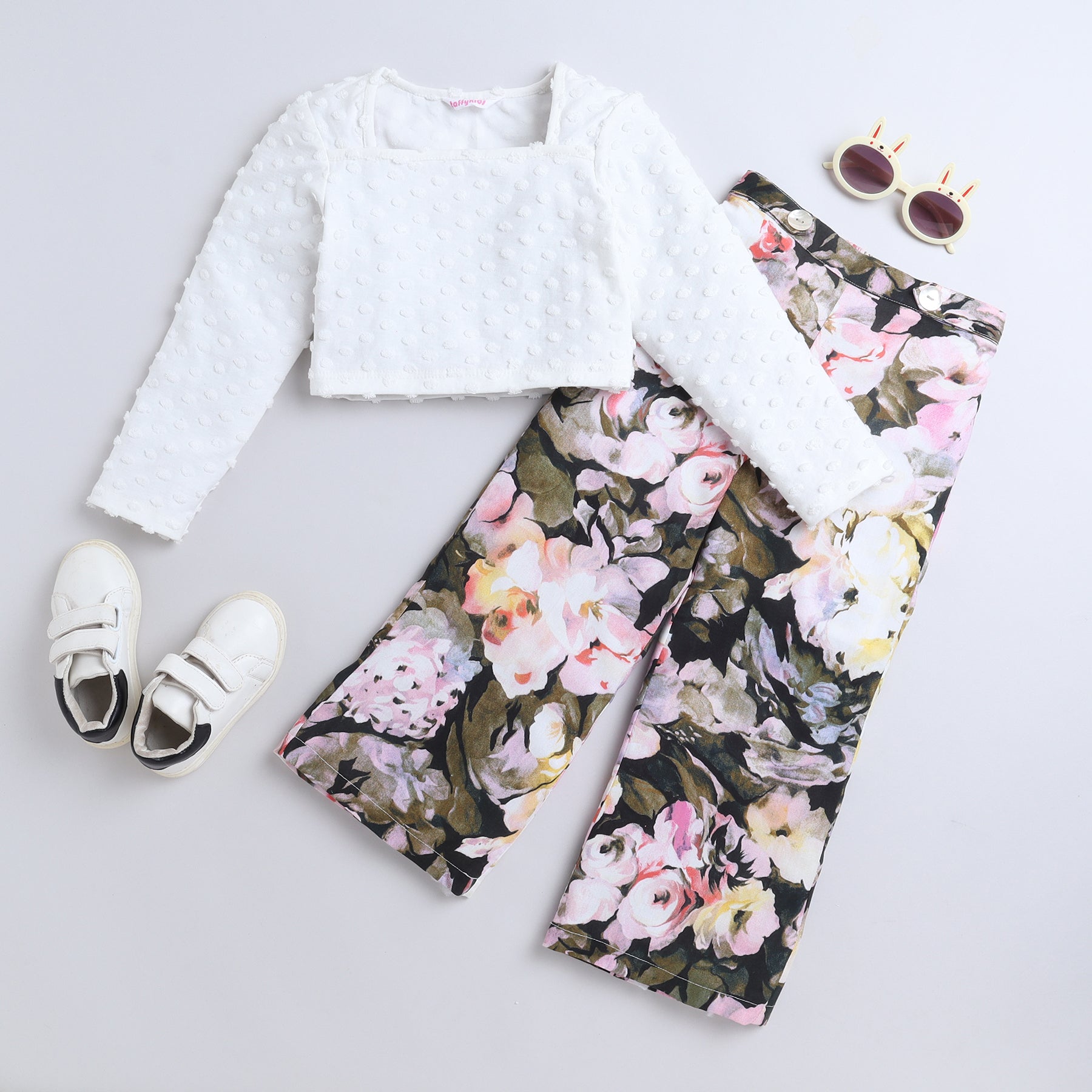 Dobby design full sleeves square neck crop top with floral printed button detail pant set-Off white/Multi