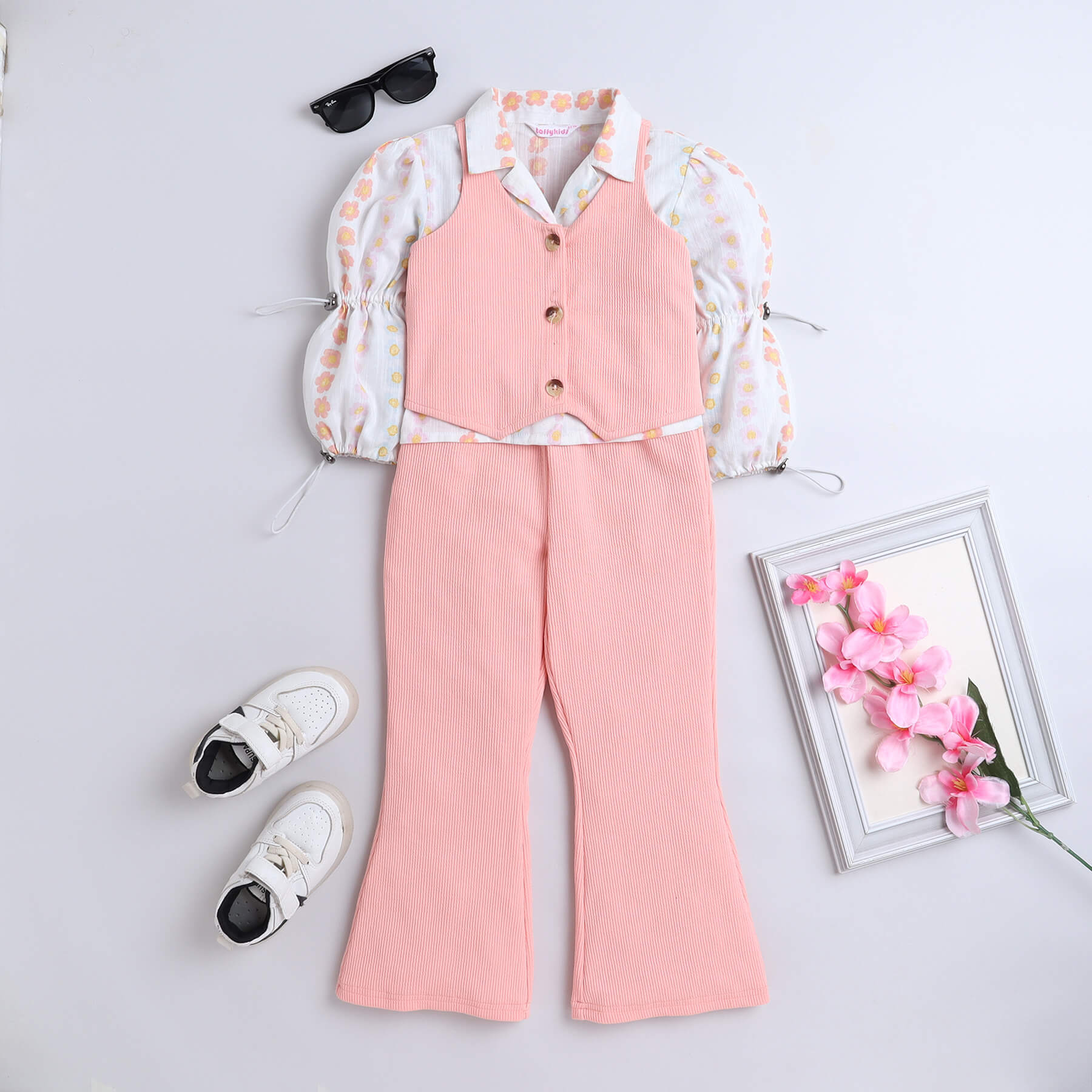 floral printed puff sleeves crop shirt with crop vest and bell bottom pant set-Peach/Multi