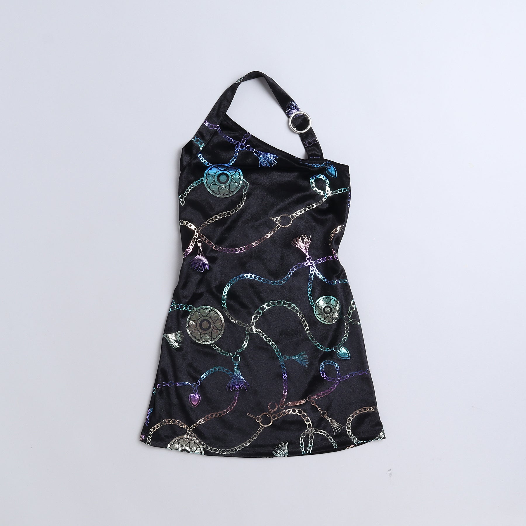 foil printed sleeveless halter neck Aline party dress-Black/Multi