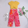 half sleeves cut out detail crop top with floral printed wrap pant set-Yellow/Multi