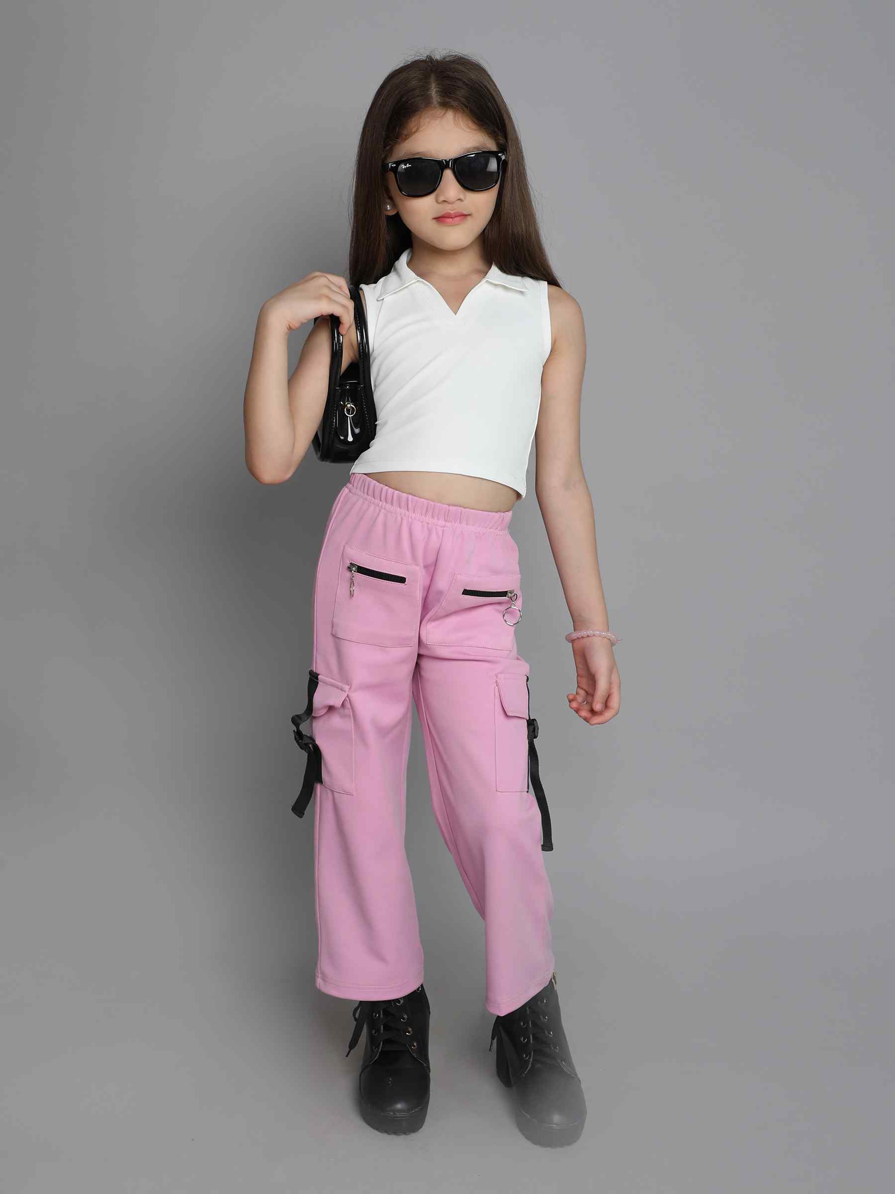 sleeveless collared crop top and tape detail cargo pant set-White/Lilac