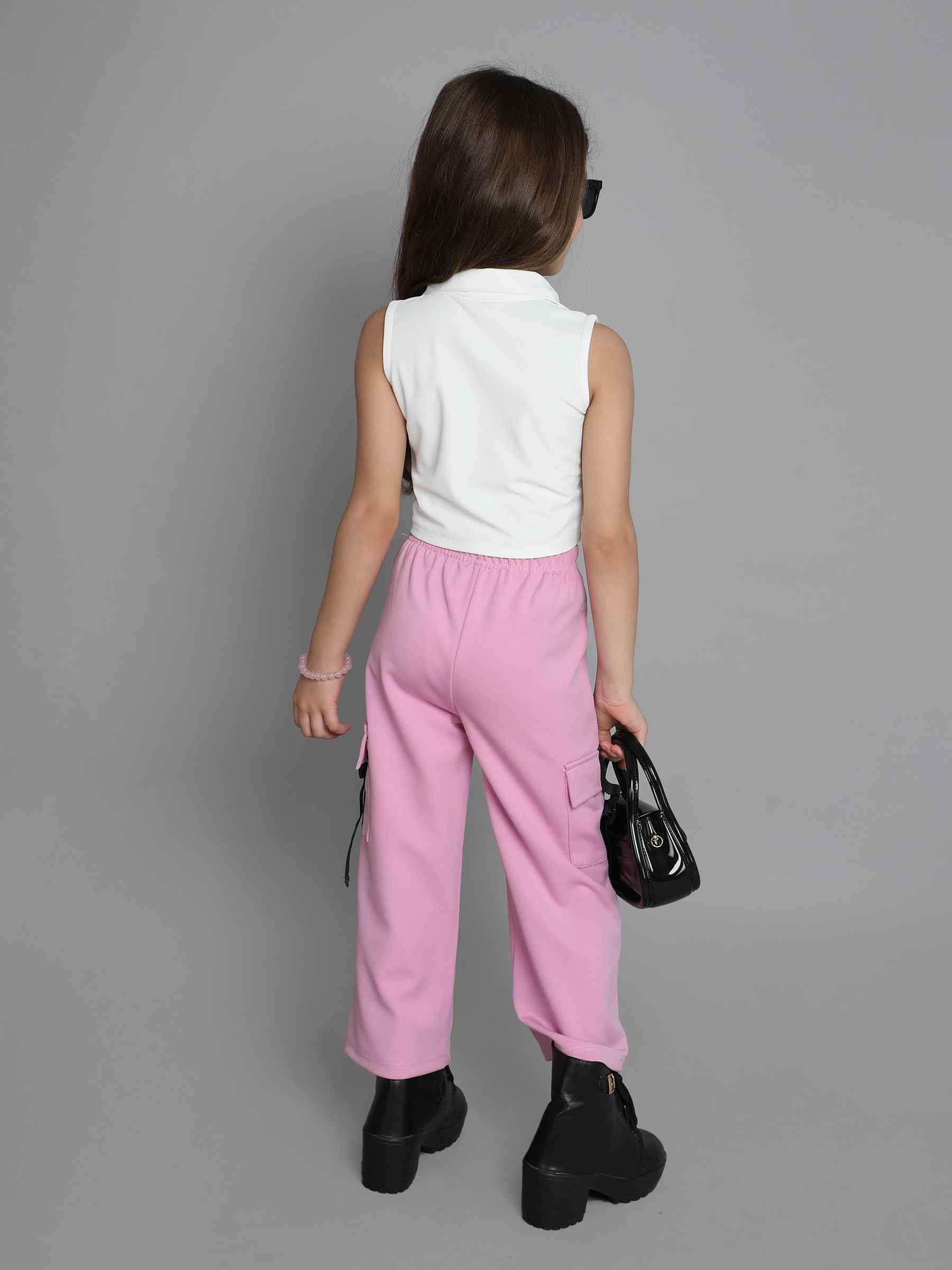 sleeveless collared crop top and tape detail cargo pant set-White/Lilac