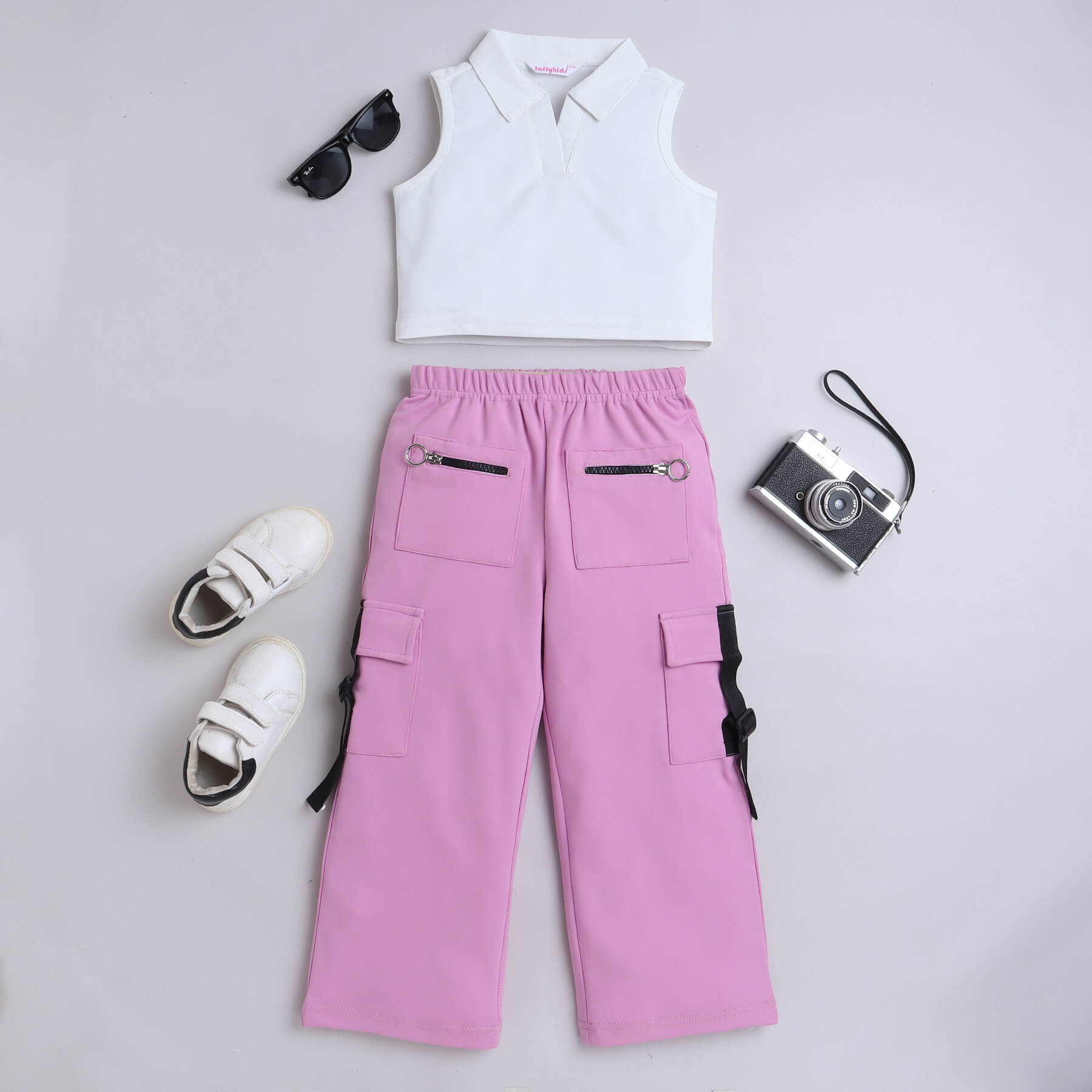 sleeveless collared crop top and tape detail cargo pant set-White/Lilac