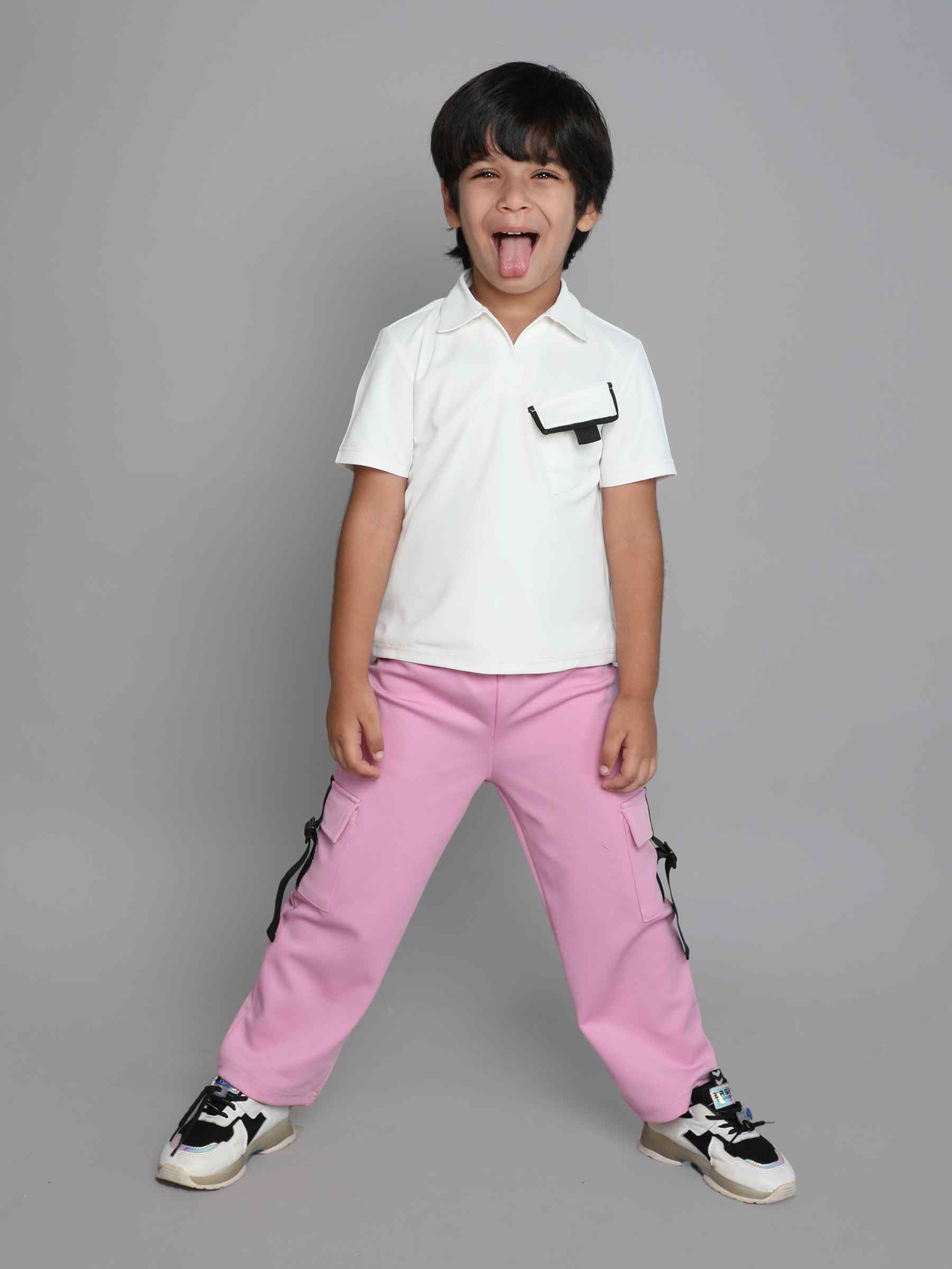 half sleeves pocket detail collared Tshirt and Tape detail cargo pant set-White/Lilac