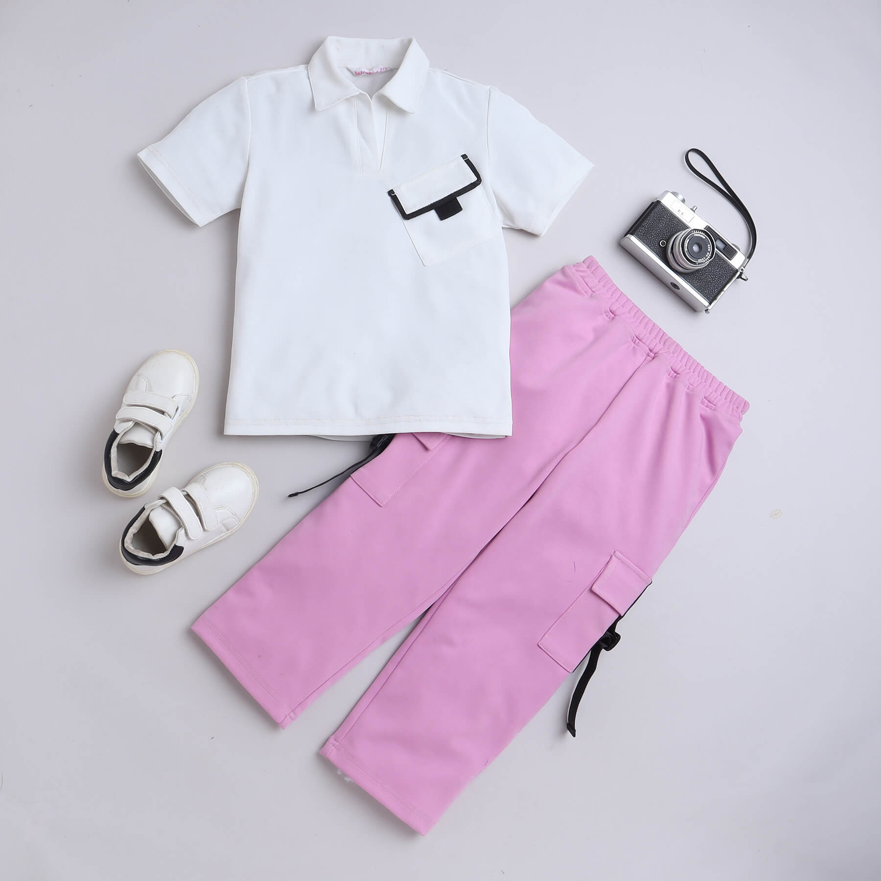 half sleeves pocket detail collared Tshirt and Tape detail cargo pant set-White/Lilac