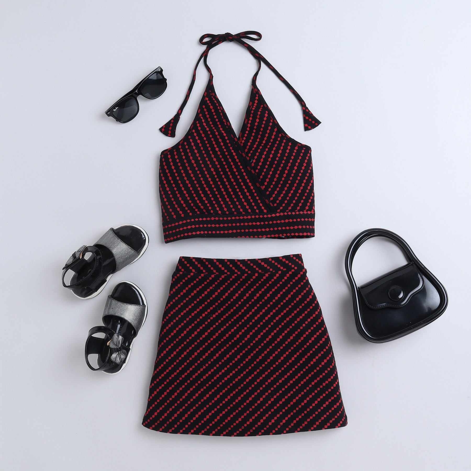 100% cotton stripes printed halter neck crop top with matching skirt set - Black and red