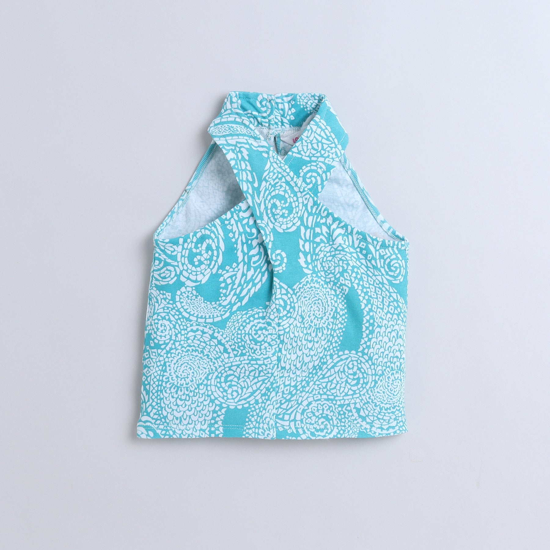 paisley printed halter neck crop top and matching slit detail skirt set-aqua/white
