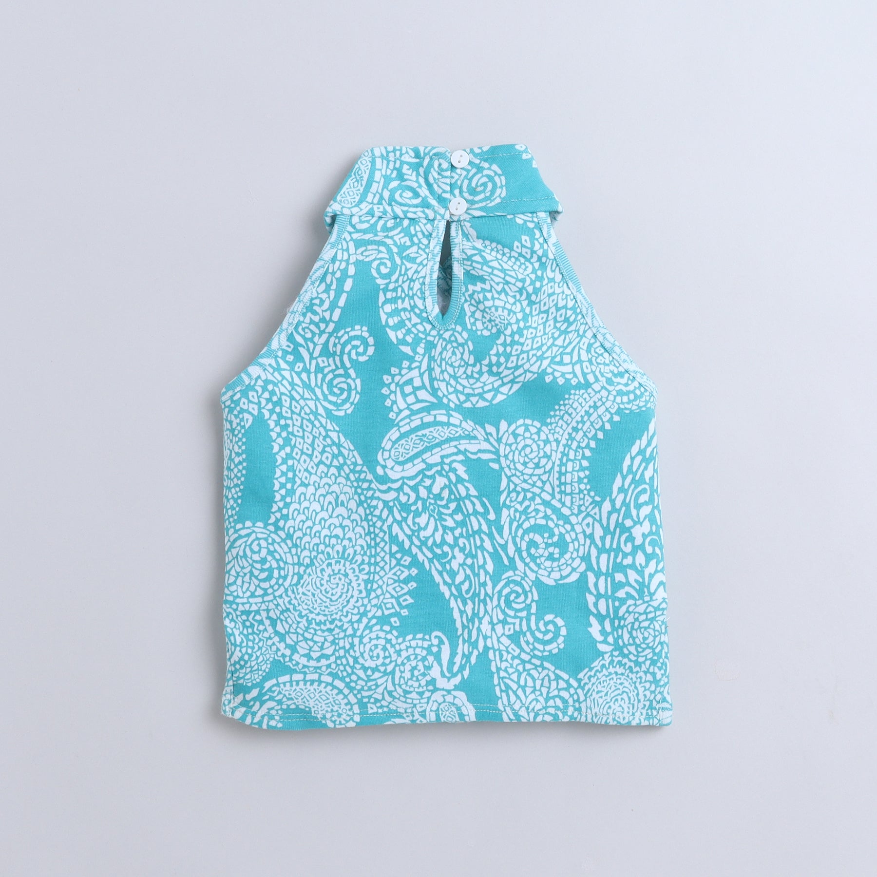 paisley printed halter neck crop top and matching slit detail skirt set-aqua/white