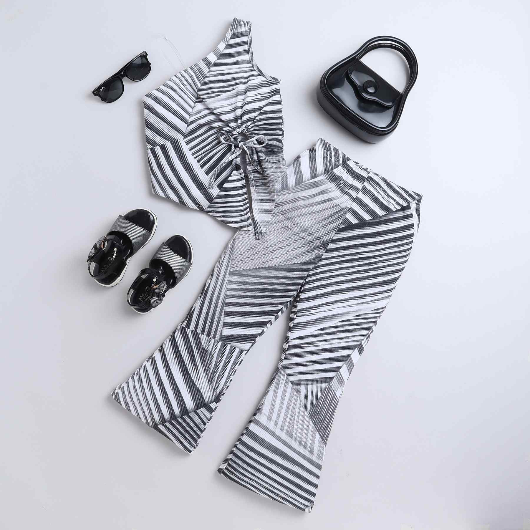 stripes patch printed one shoulder cut-out asymmetric top and matching pant set-Grey/White