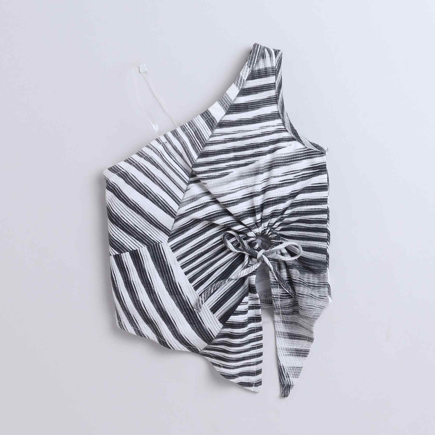 stripes patch printed one shoulder cut-out asymmetric top and matching pant set-Grey/White