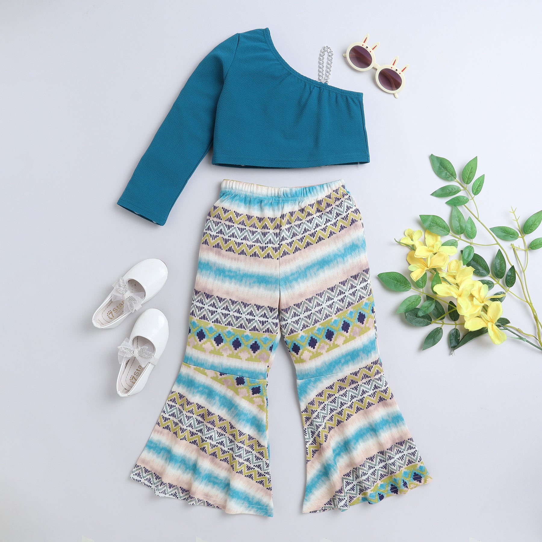 solid full sleeves one shoulder crop top and striped printed bell bottom pant set-teal/Multi
