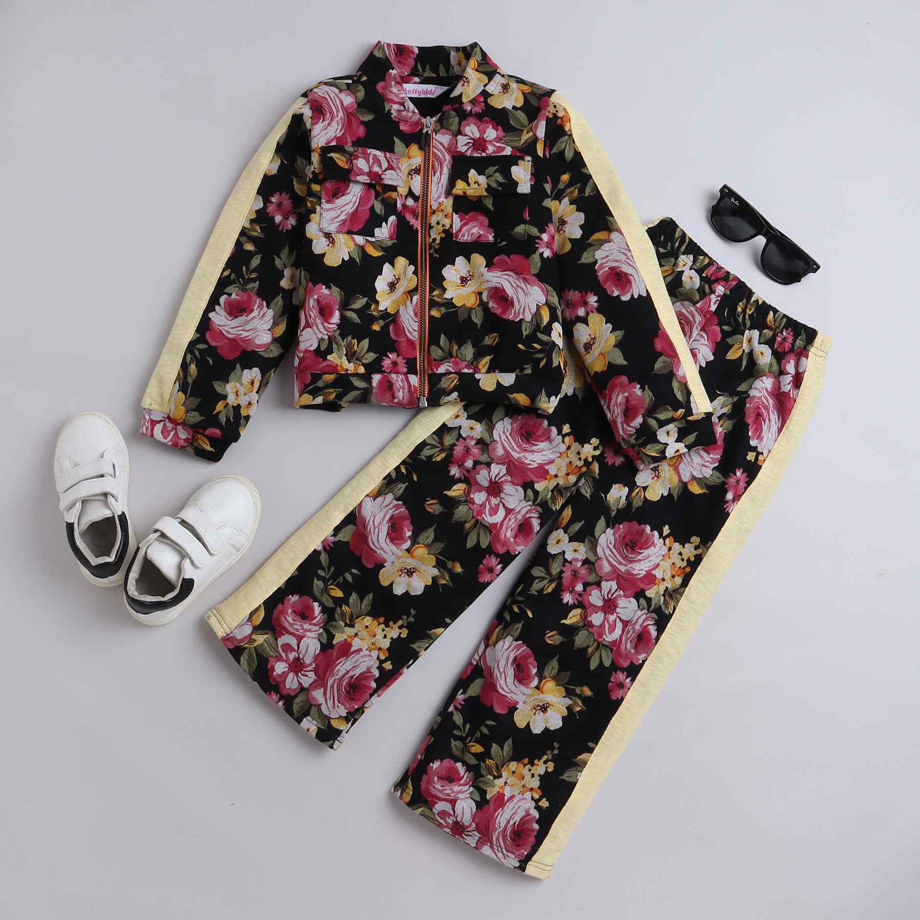 floral printed tape detail full sleeves zip up jacket with matching pant set-Black/Multi