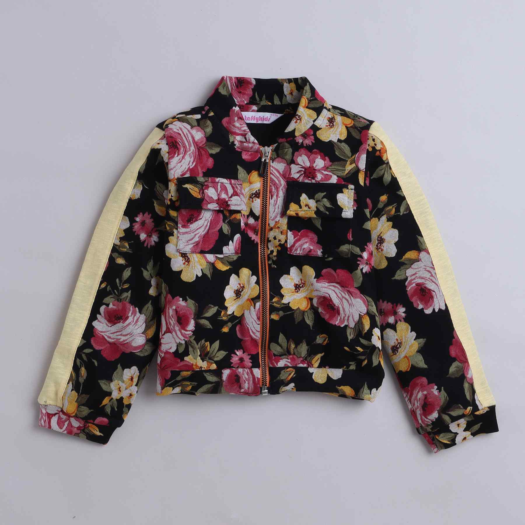 floral printed tape detail full sleeves zip up jacket with matching pant set-Black/Multi