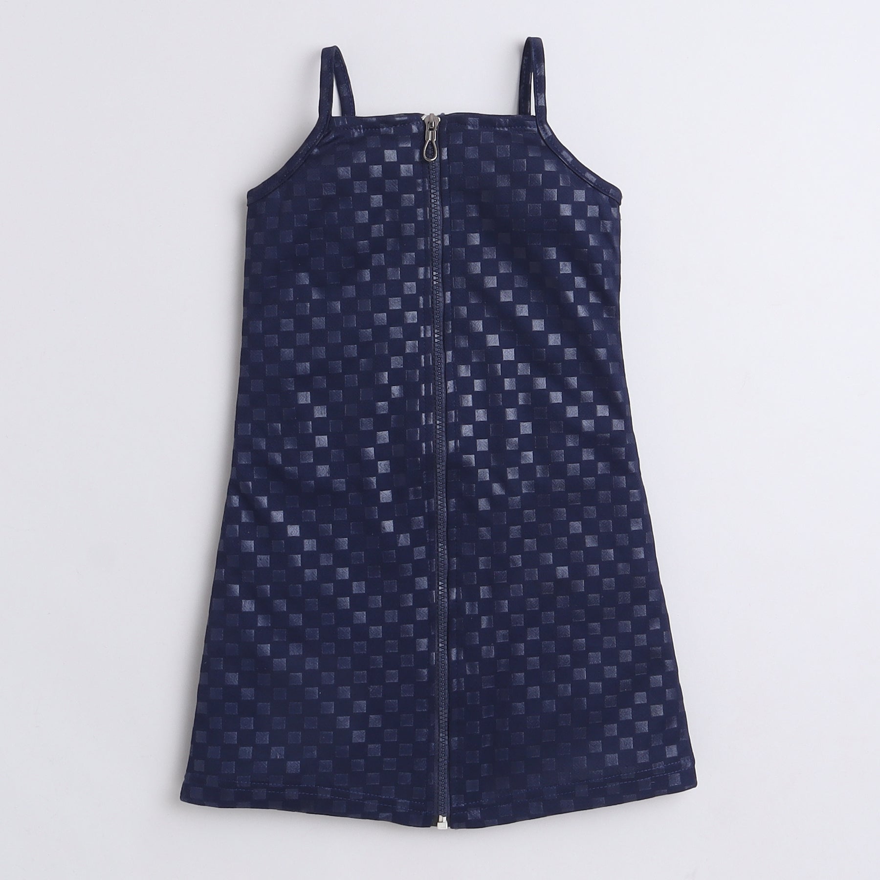 leather checks printed front zipper singlet party dress-Navy
