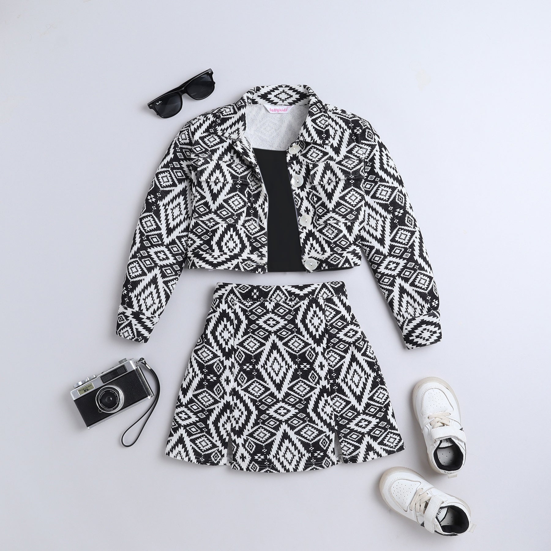 geometric printed full sleeves jacket with matching slit skirt and solid singlet crop top set-Black/White