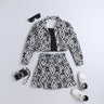 geometric printed full sleeves jacket with matching slit skirt and solid singlet crop top set-Black/White