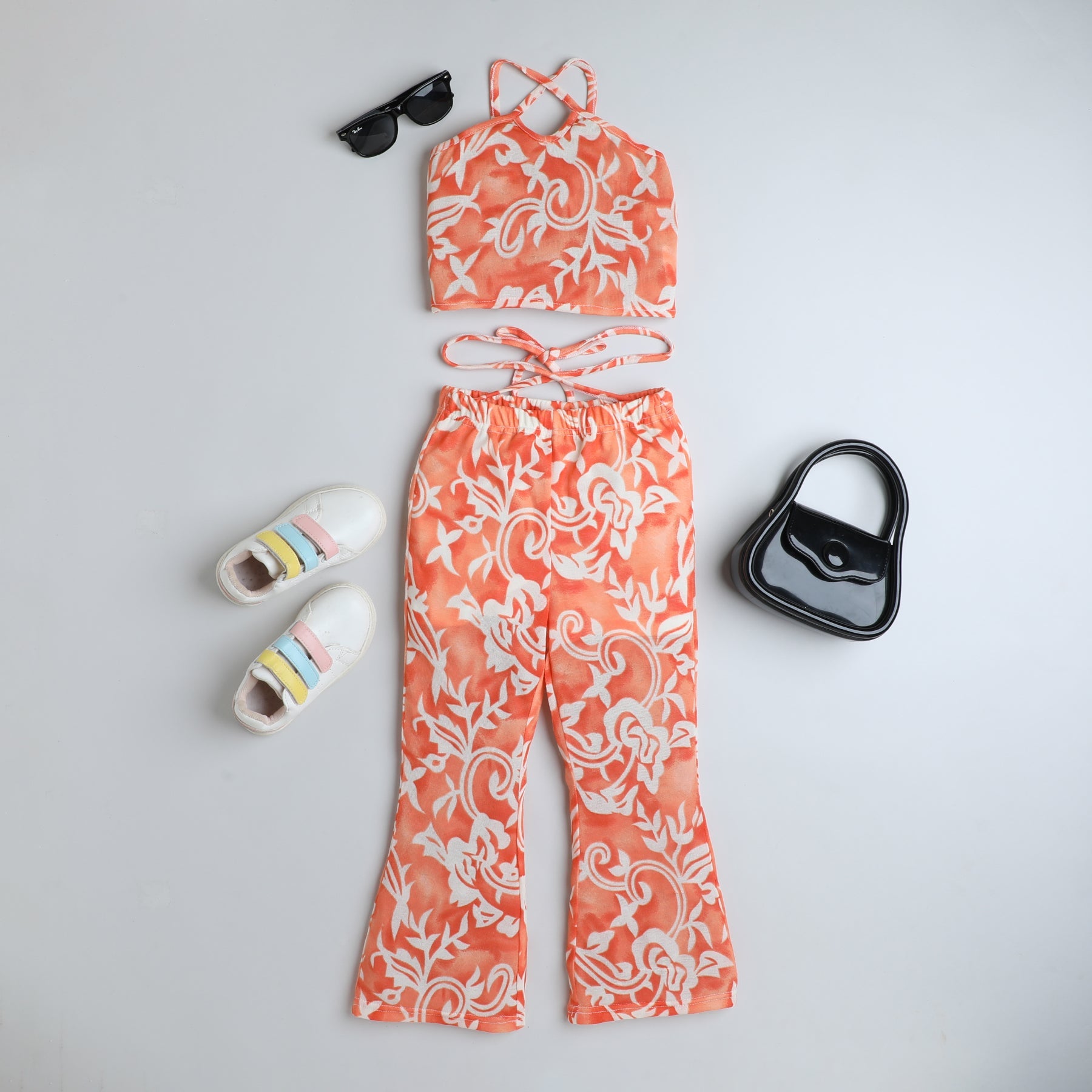 floral printed cut out detail halter neck crop top with matching waist tie up pant cord set - white\Orange