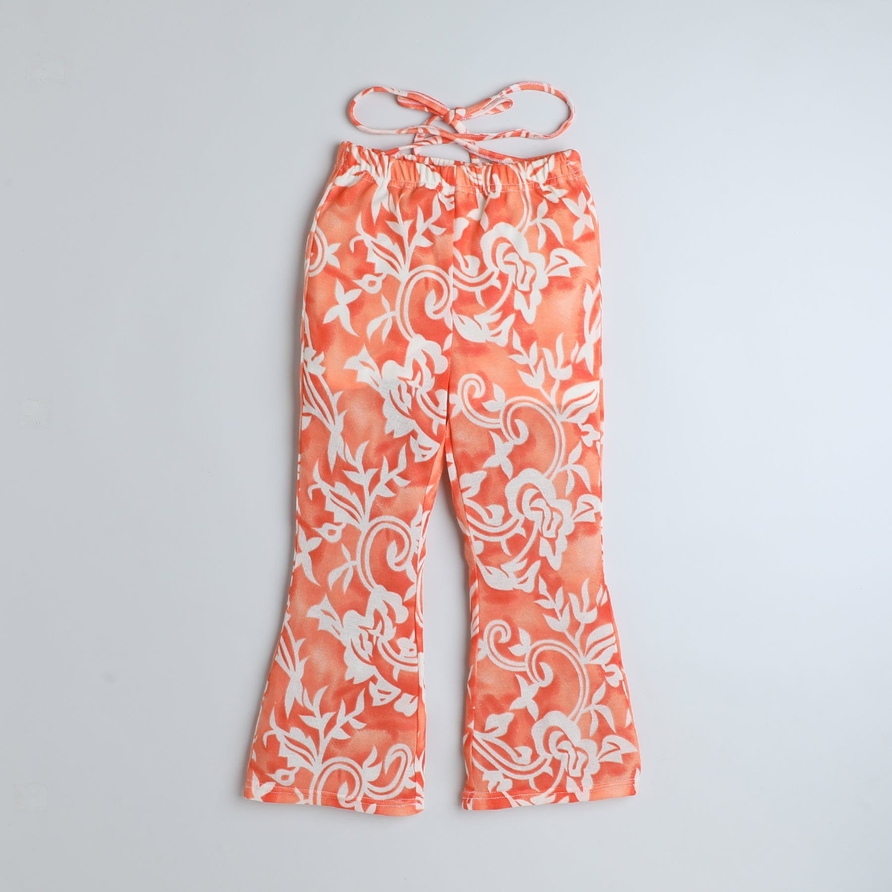 floral printed cut out detail halter neck crop top with matching waist tie up pant cord set - white\Orange