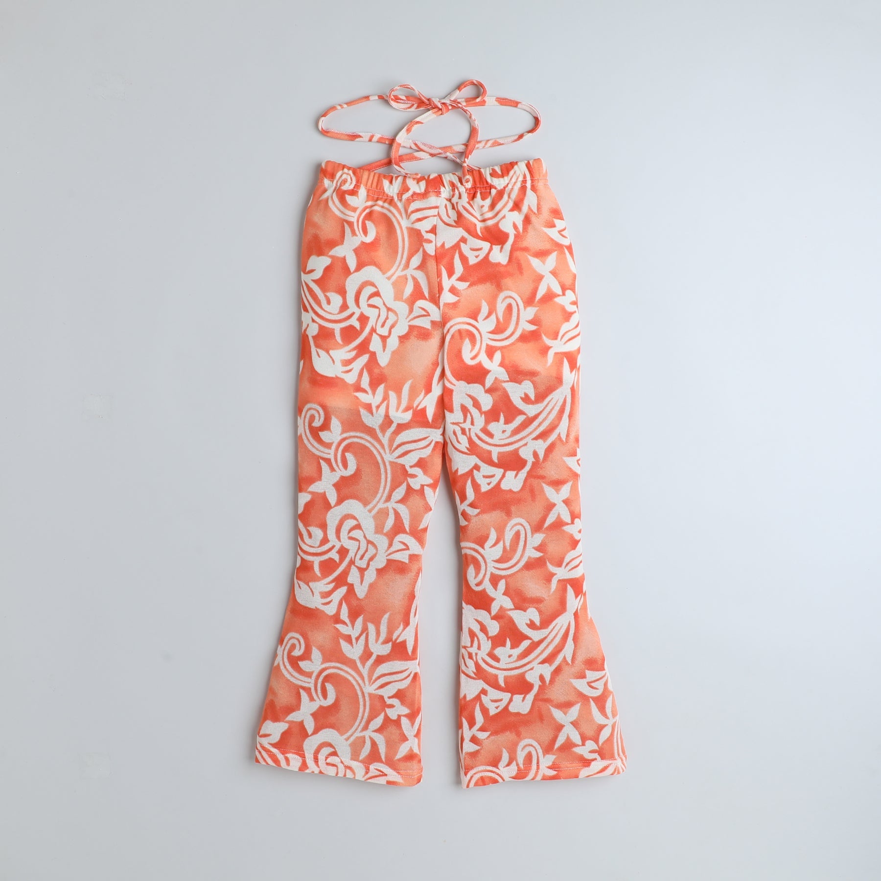 floral printed cut out detail halter neck crop top with matching waist tie up pant cord set - white\Orange