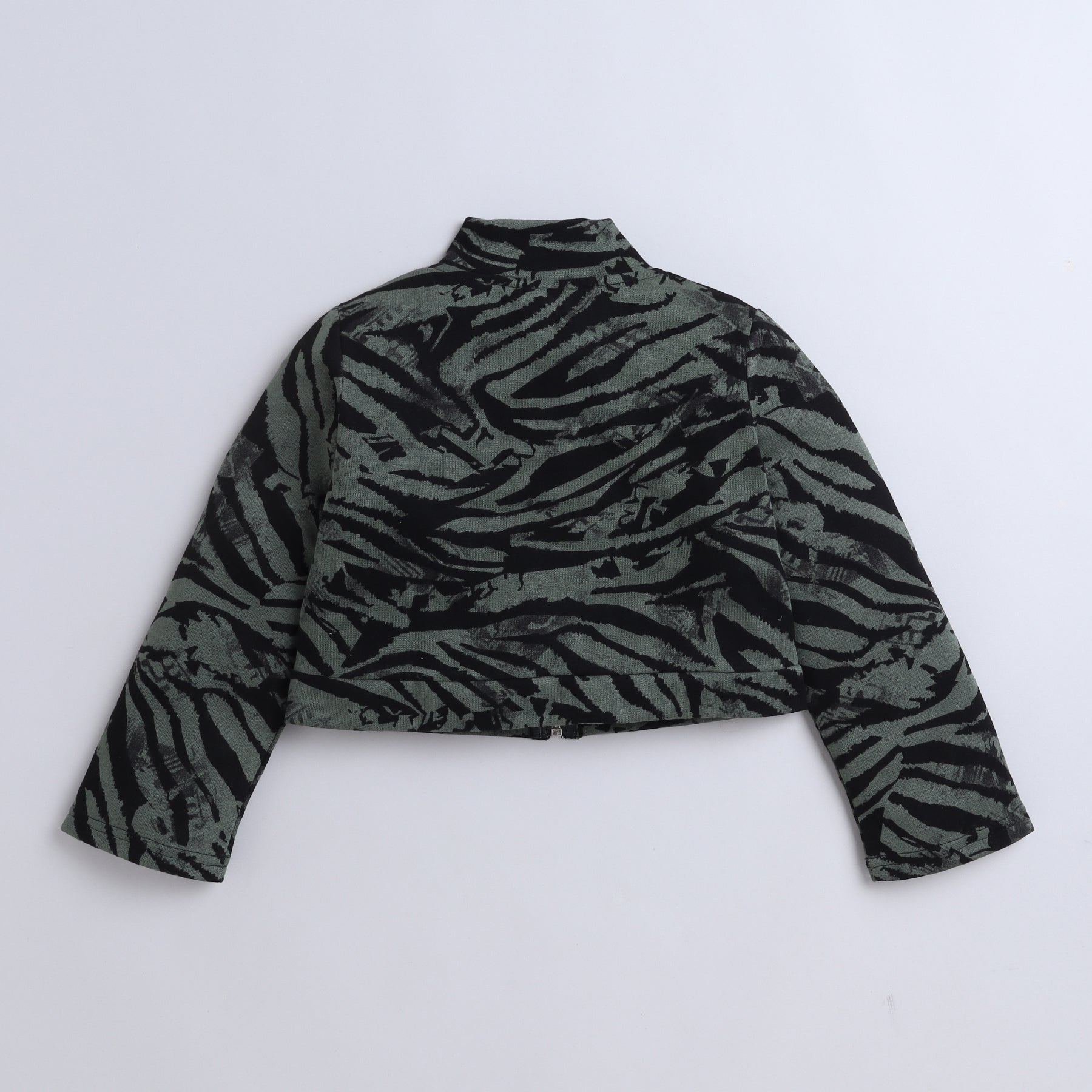 animal printed zip-up jacket with matching skirt and solid singlet crop top set-black\green