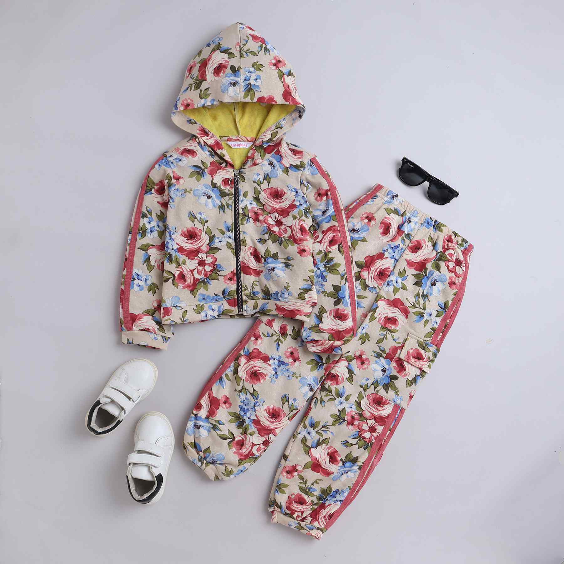 floral printed full sleeves zip up hoodie with matching jogger pant set-Beige/multi