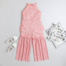 foil printed pleated sleeveless halter neck top and matching tier pant set-peach