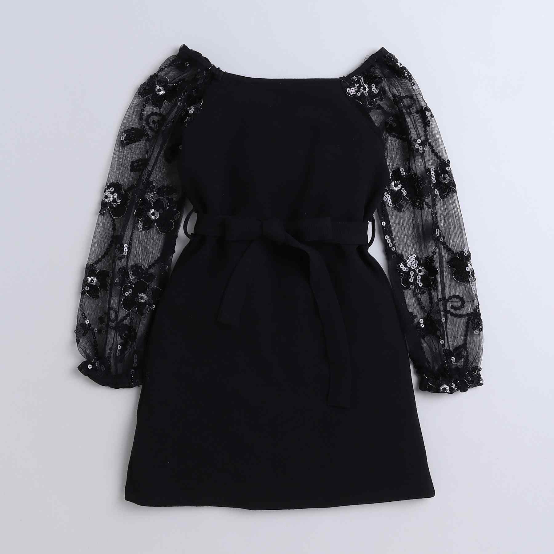 sequins embellished full sleeves off shoulder party dress-Black