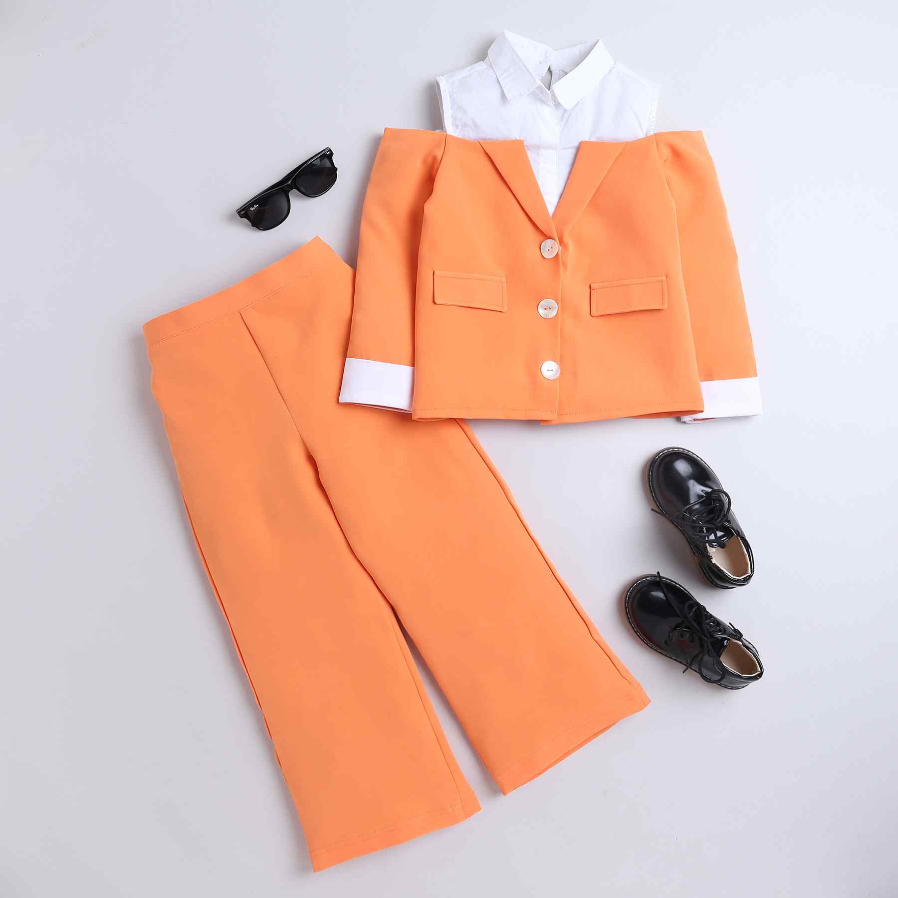 Full sleeves cold shoulder shirt blazer top and matching pant set-Orange/White