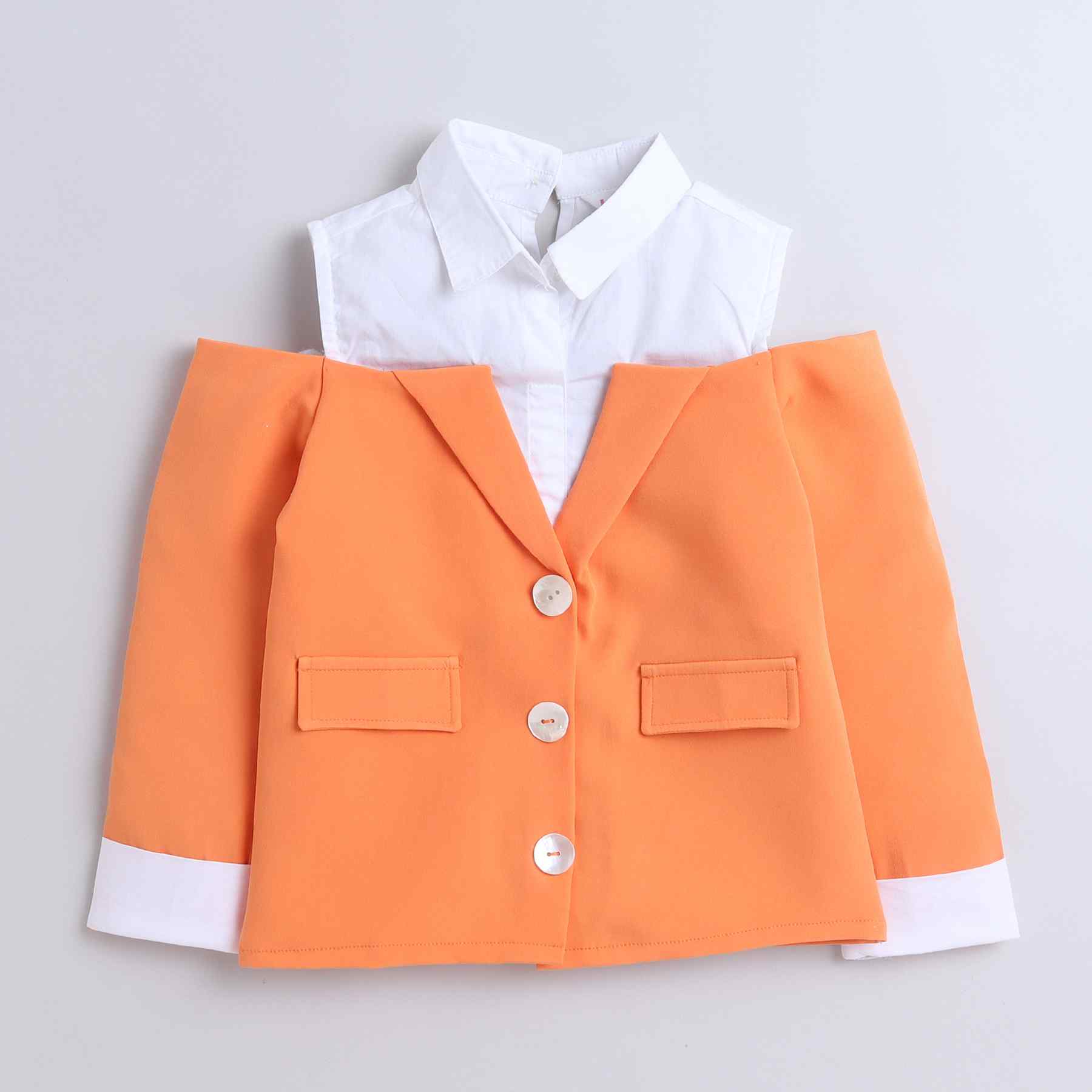 Full sleeves cold shoulder shirt blazer top and matching pant set-Orange/White