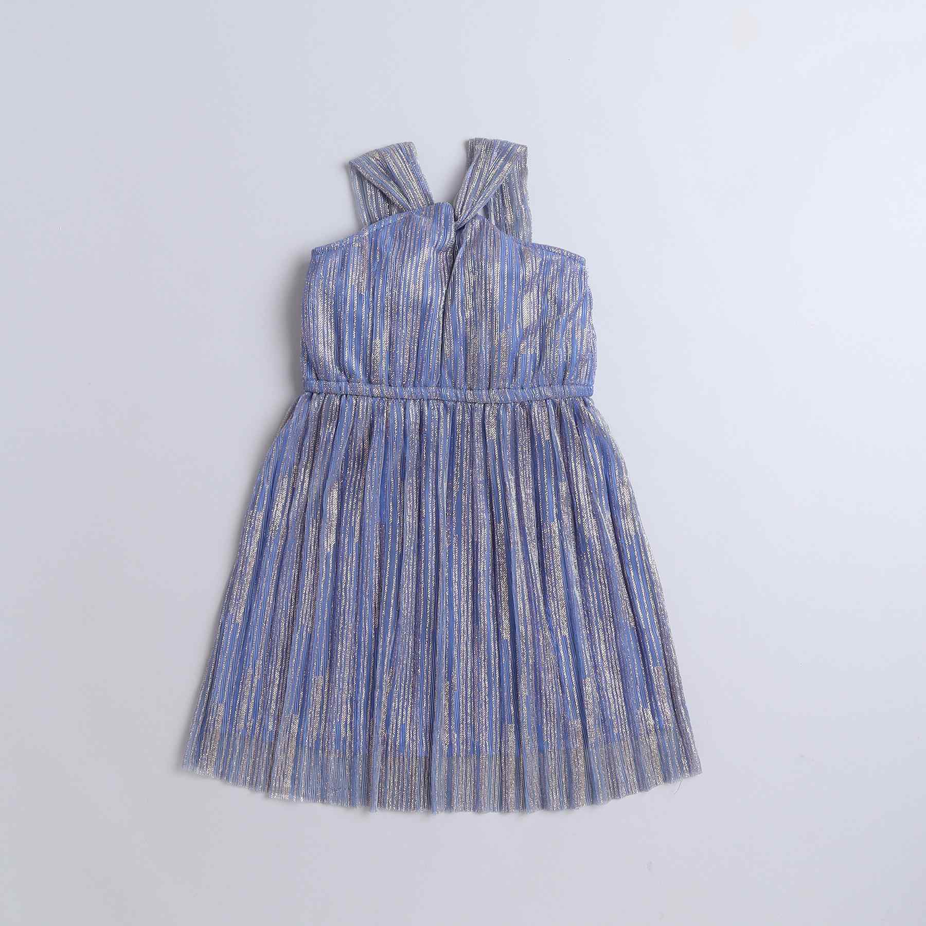 stripes lurex knotted halter neck party dress-Blue