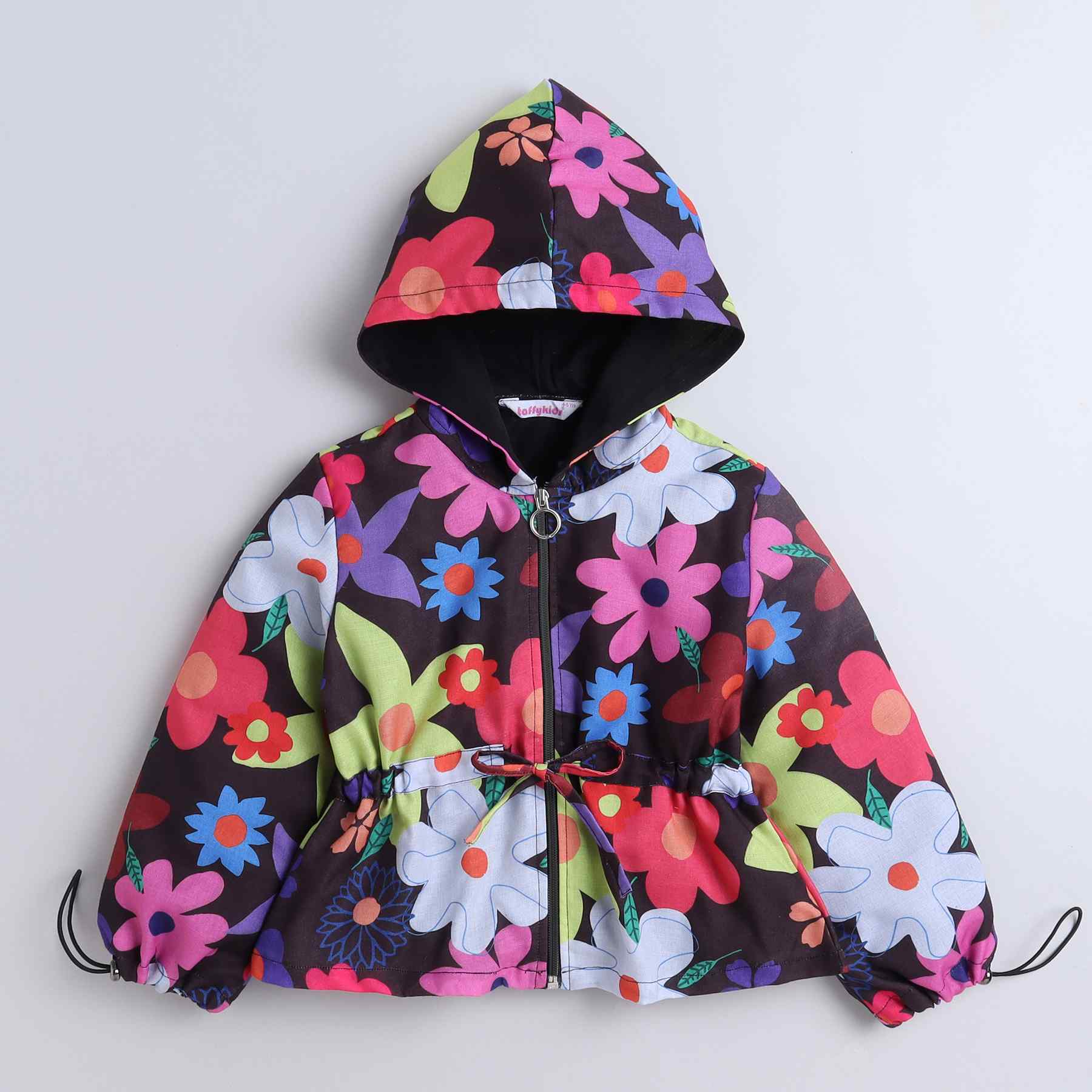 floral printed full sleeves hooded zip up jacket-Multi