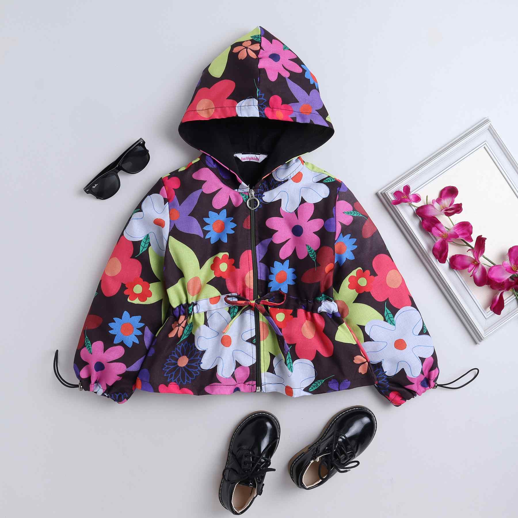 floral printed full sleeves hooded zip up jacket-Multi