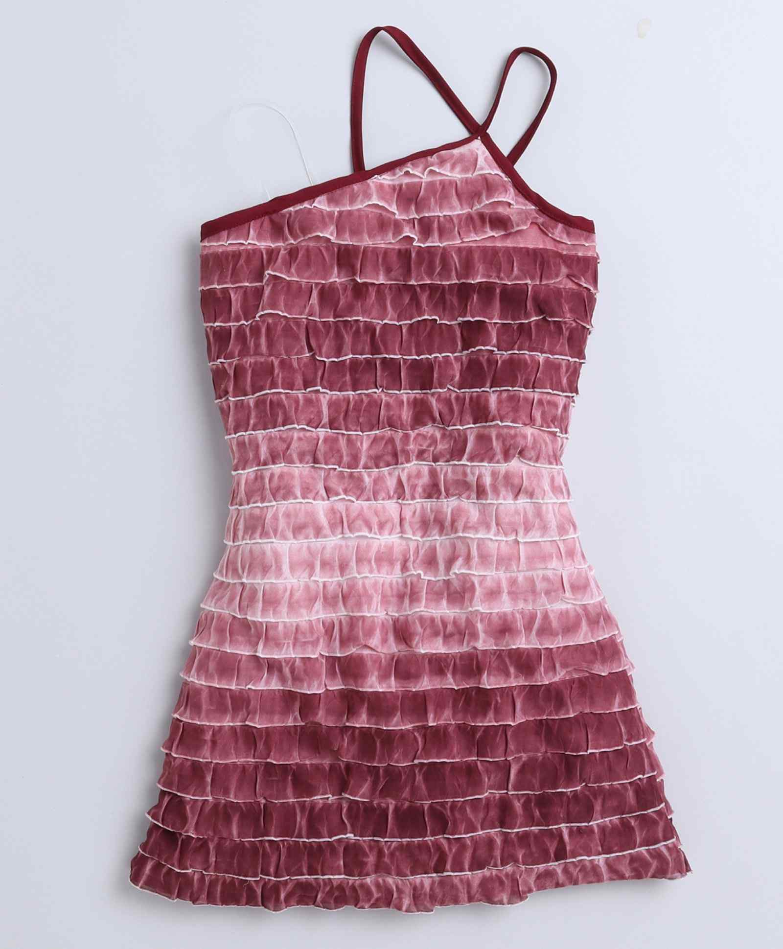 Tie-dye printed asymmetric neck ruffled A-line party dress-Maroon/White