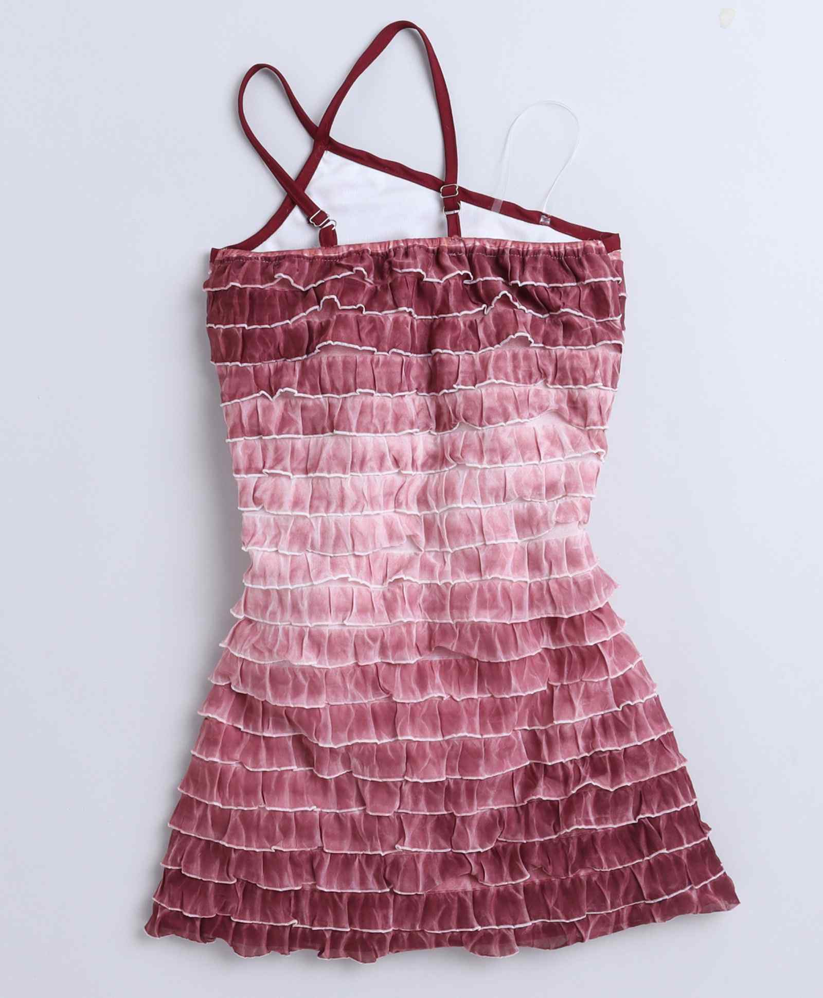 Tie-dye printed asymmetric neck ruffled A-line party dress-Maroon/White