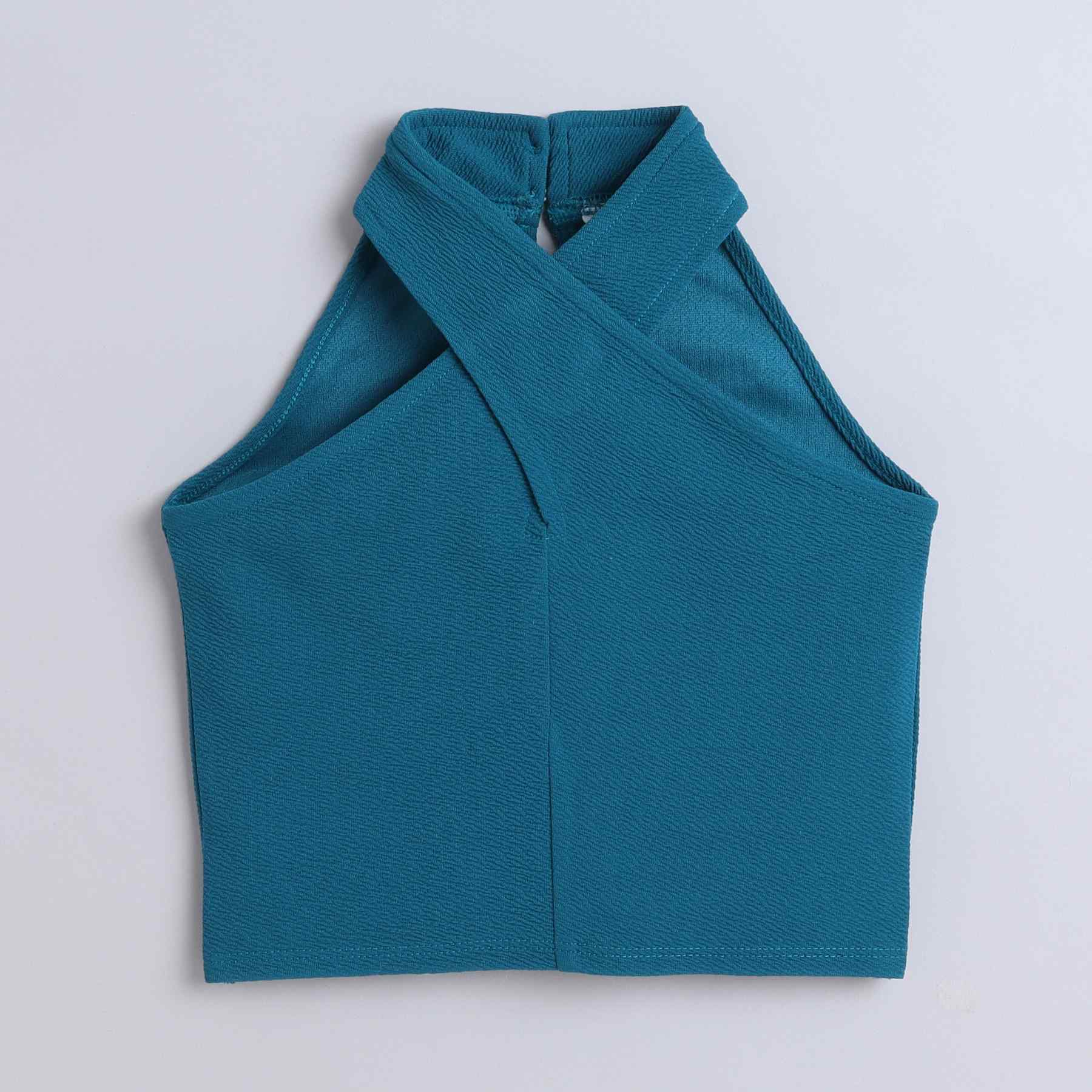 textured sleeveless halter neck crop top-Teal