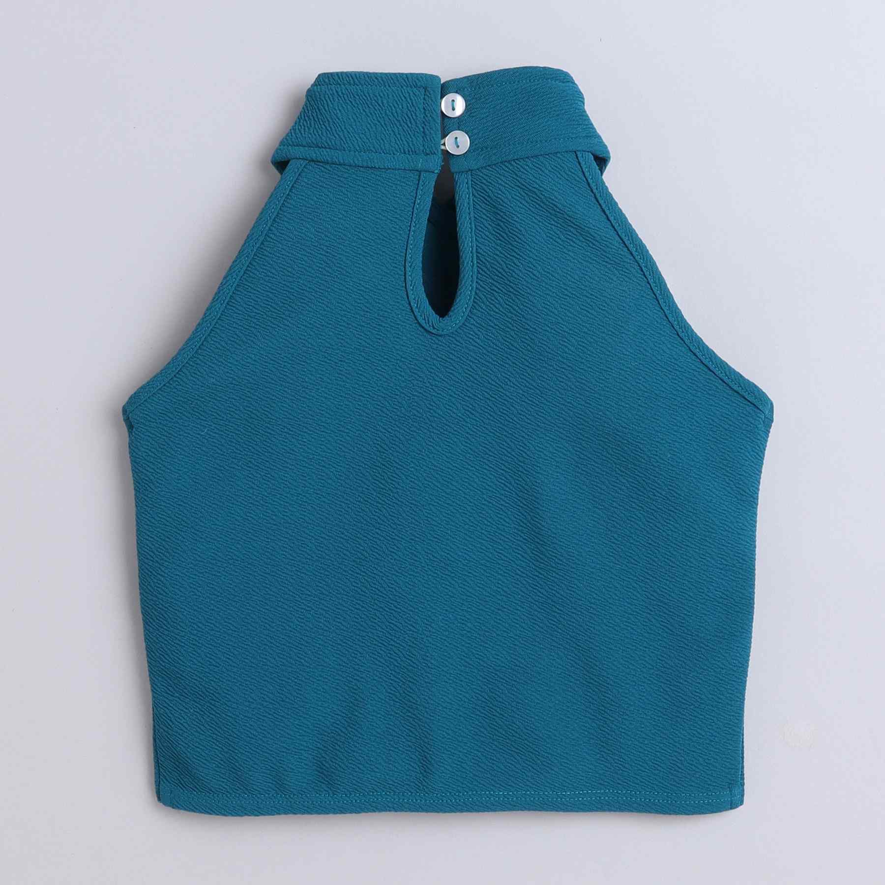 textured sleeveless halter neck crop top-Teal