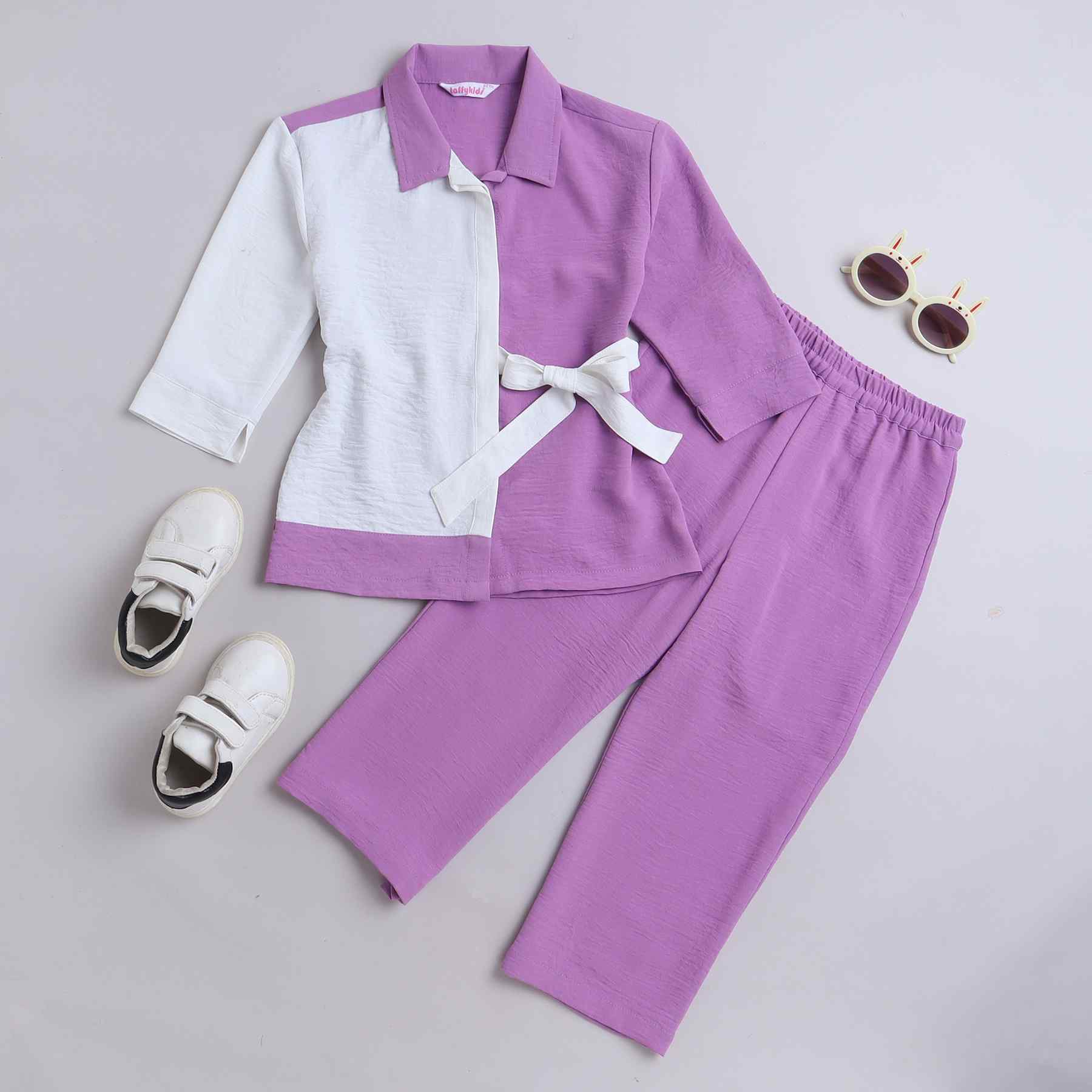 Color block oversize shirt and matching pant set-purple/white