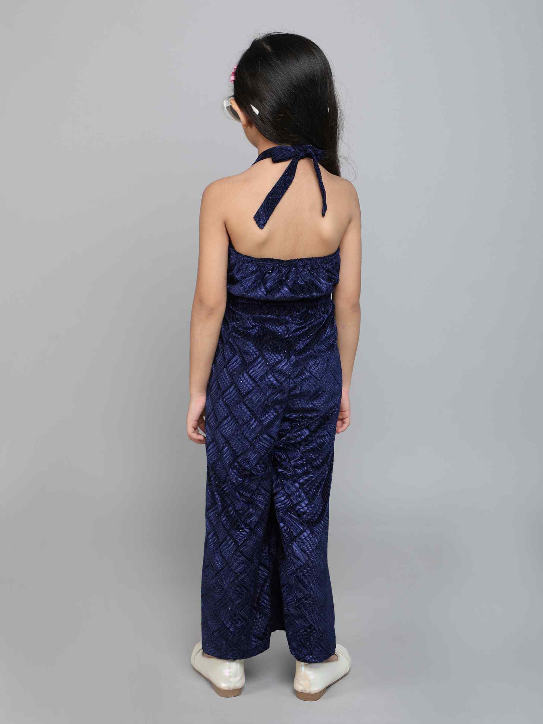 embossed velvet with stone detailed halter neck jumpsuit - Navy