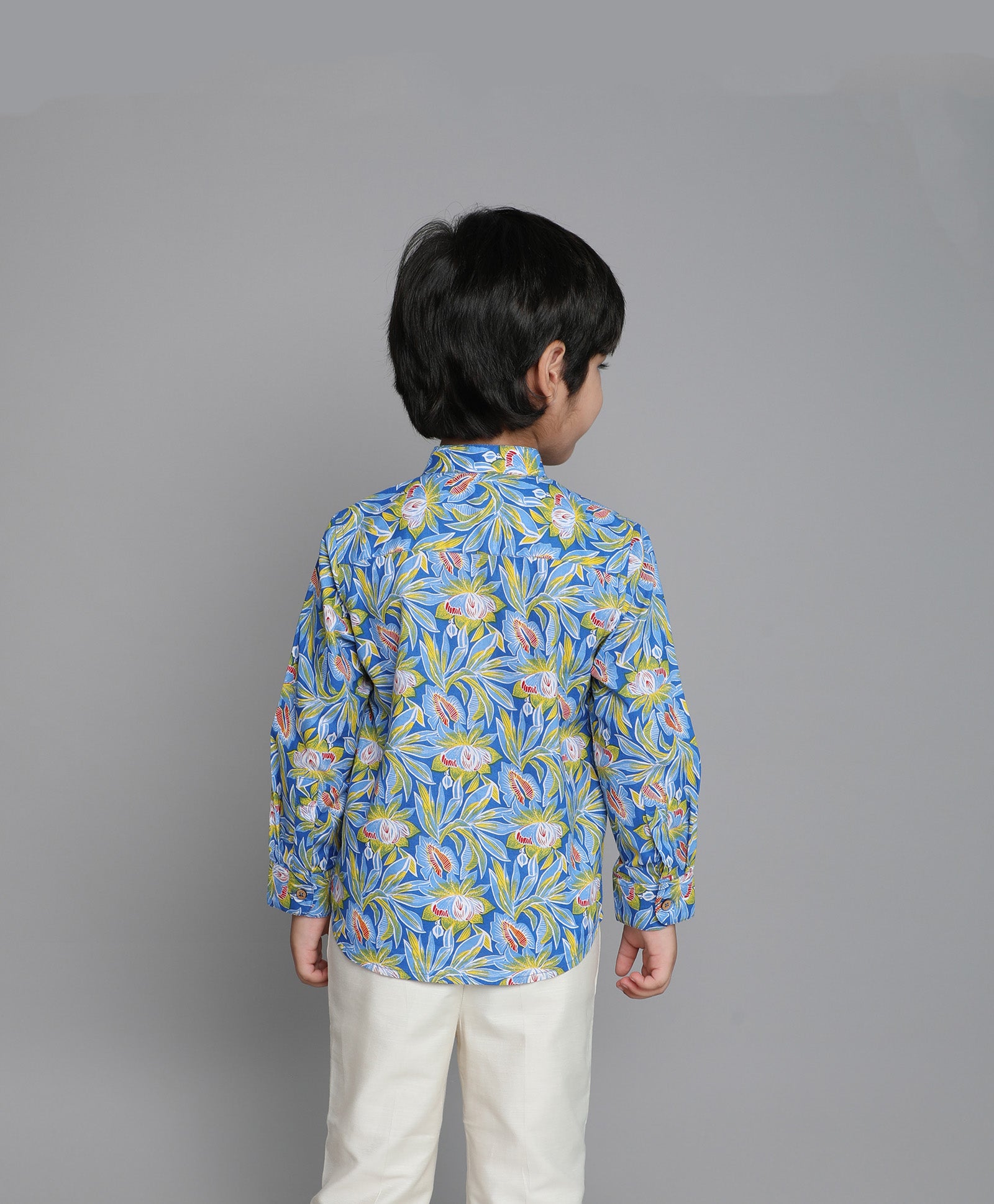 Tropical printed full sleeves mandarin collar Short kurta-Blue/Multi