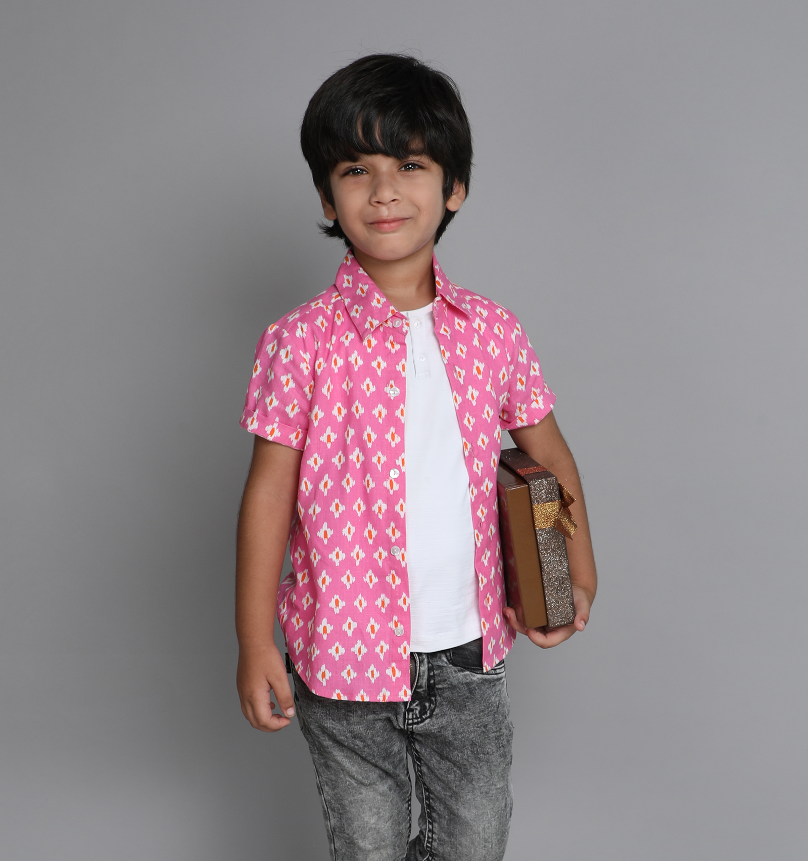 ikkat printed half sleeves shirt with attached tee-Pink/White