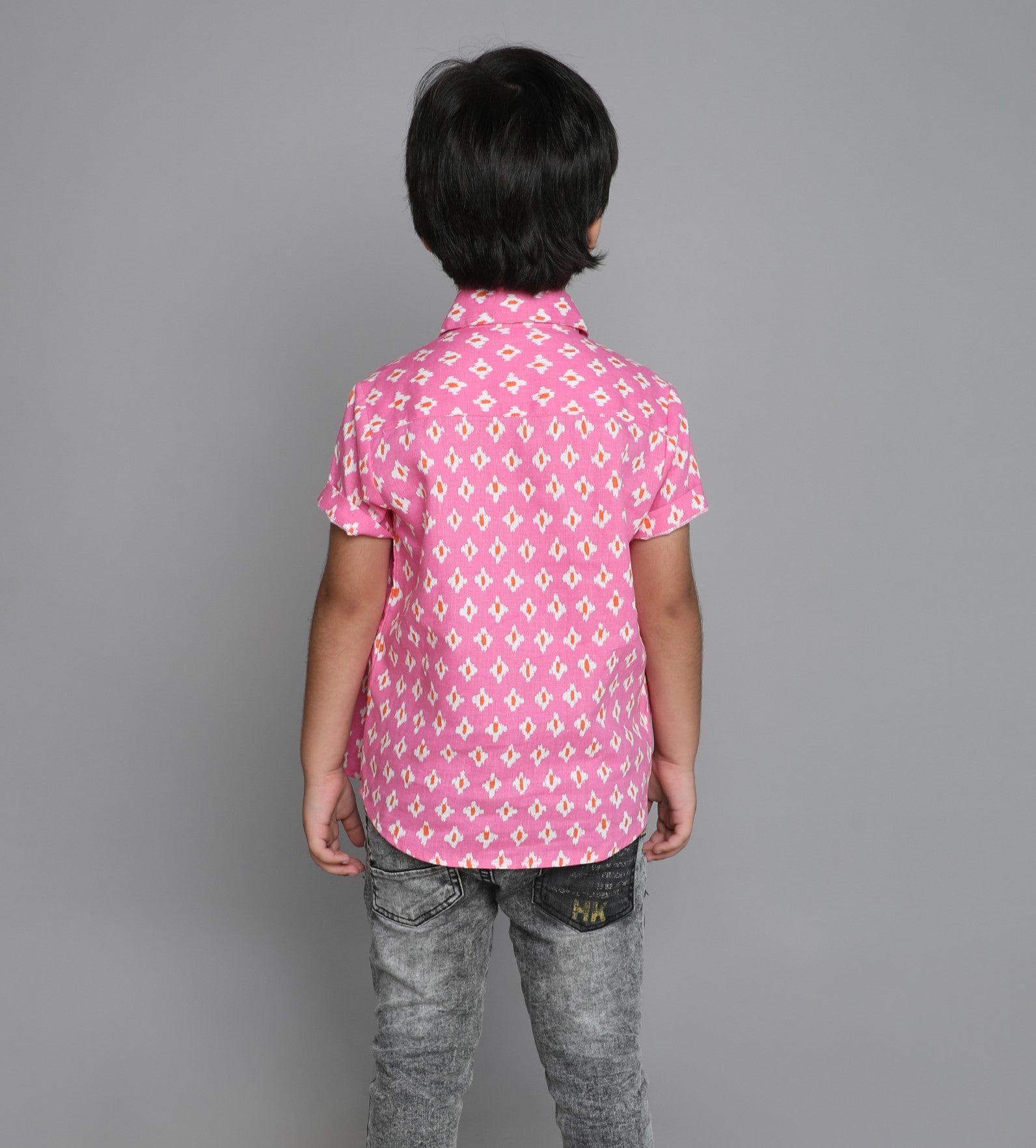 ikkat printed half sleeves shirt with attached tee-Pink/White