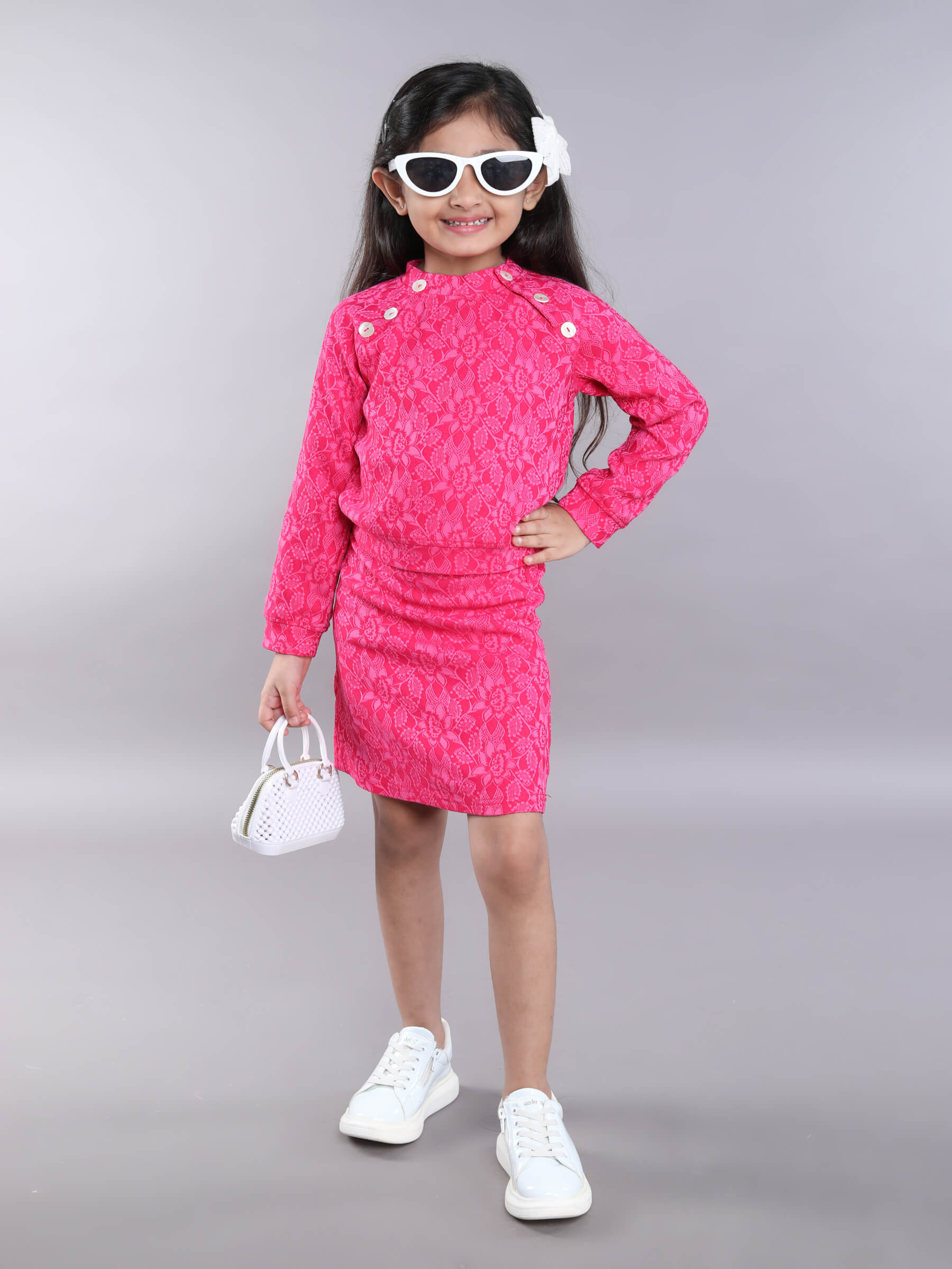 floral weave full sleeves button detail sweatshirt with matching skirt set -Pink