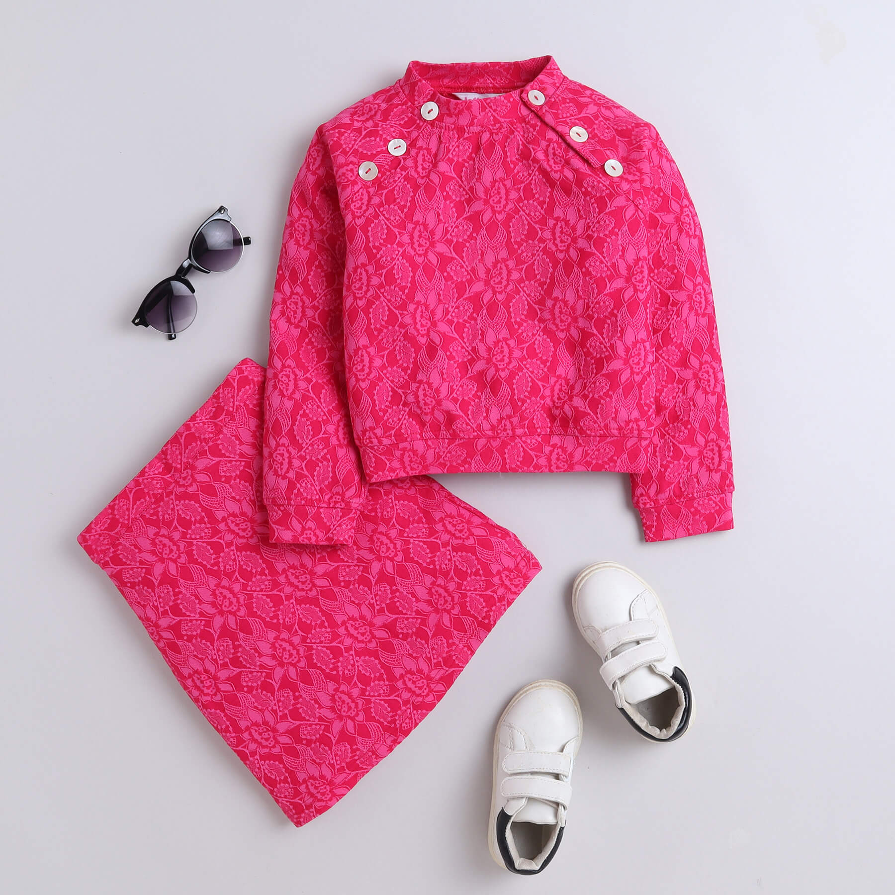 floral weave full sleeves button detail sweatshirt with matching skirt set -Pink