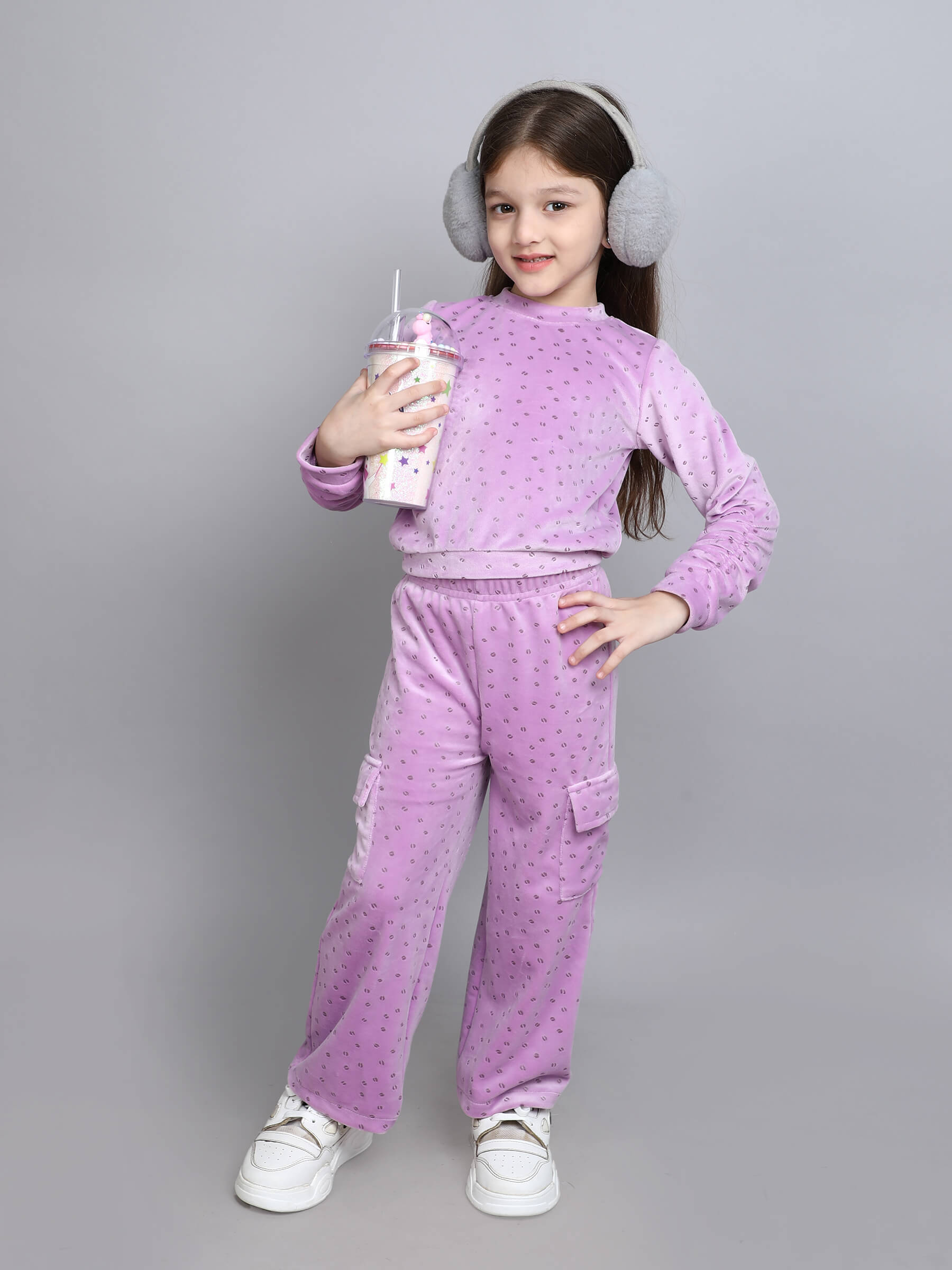 polka printed velvet ruched sleeves sweatshirt and cargo pant set-Purple