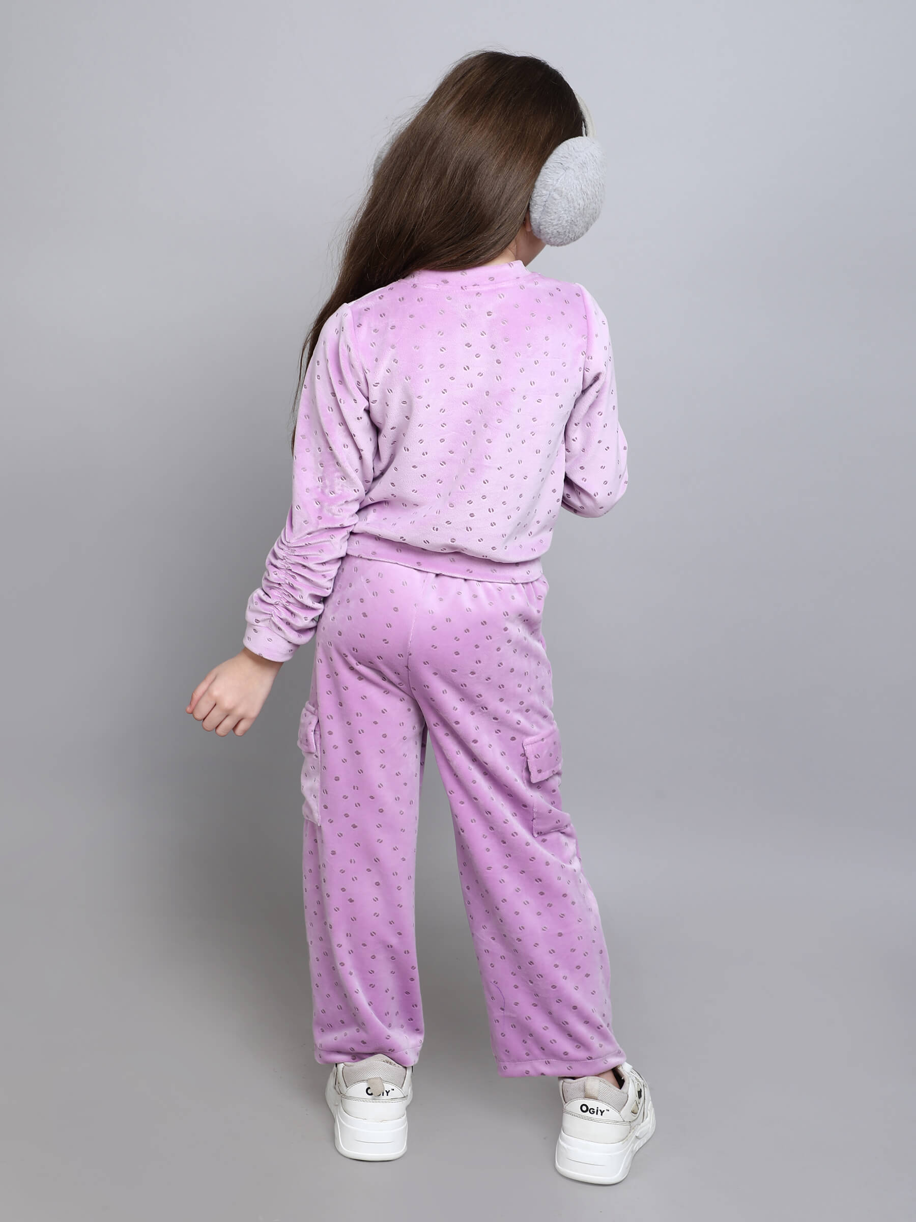 polka printed velvet ruched sleeves sweatshirt and cargo pant set-Purple