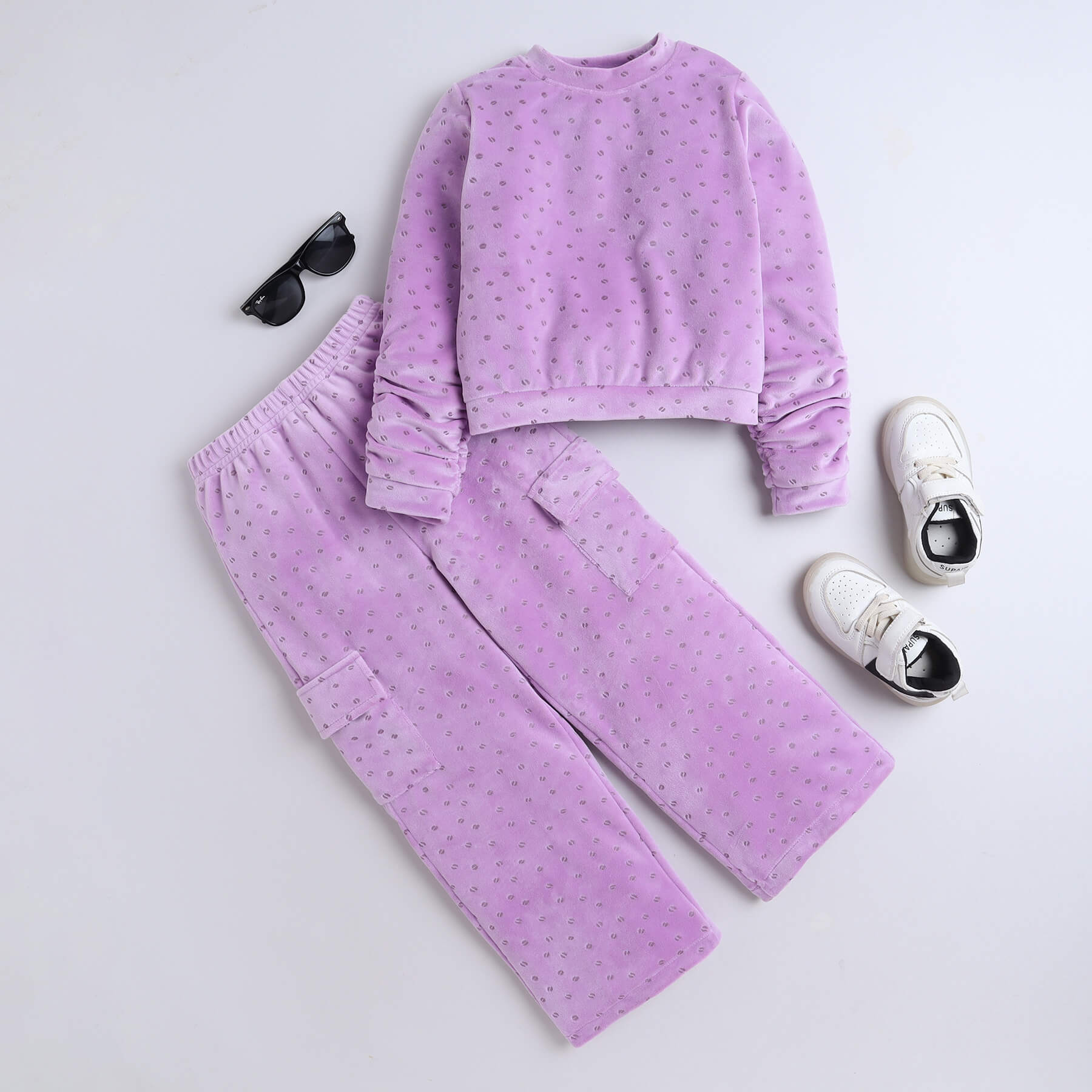 polka printed velvet ruched sleeves sweatshirt and cargo pant set-Purple