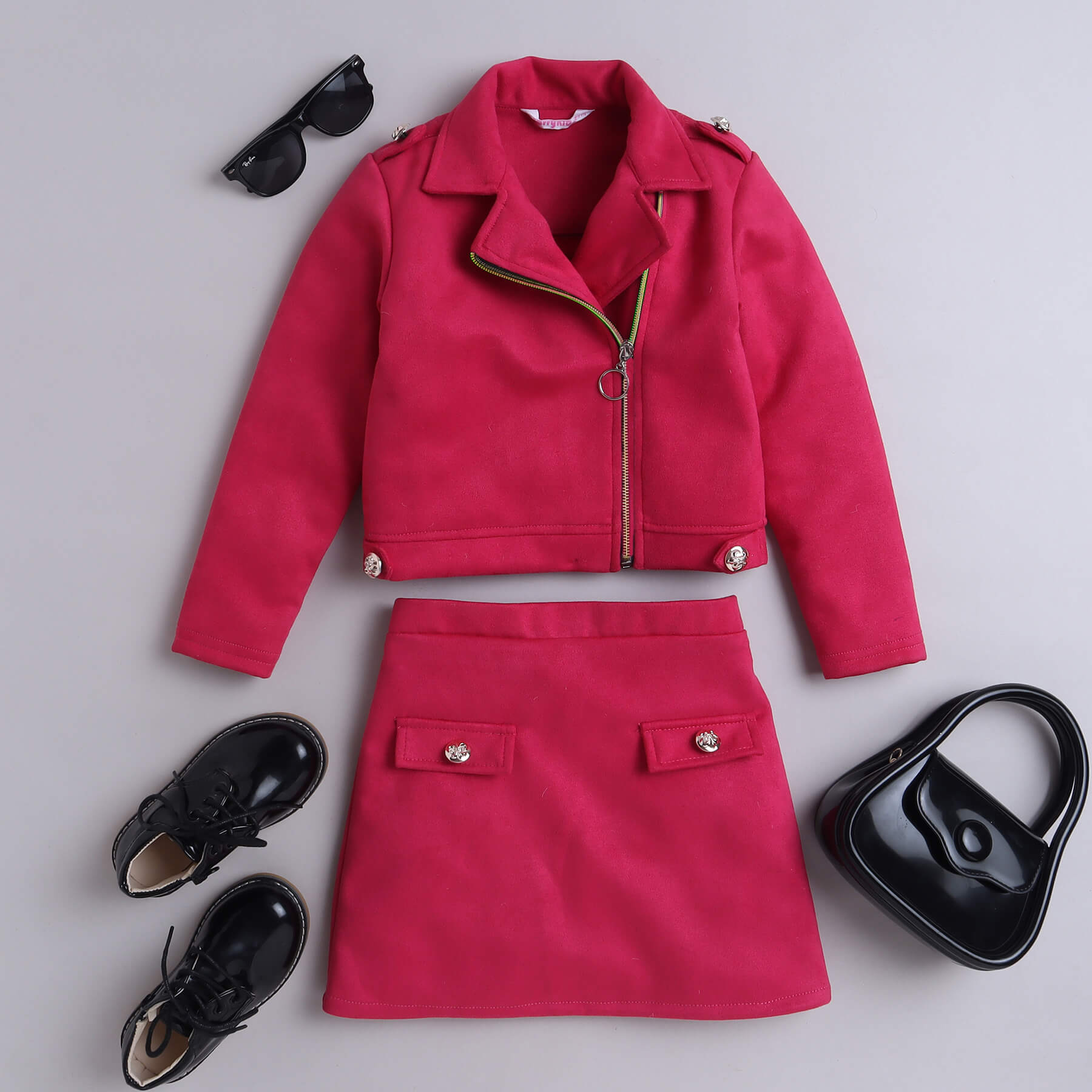 suede full sleeves wrap jacket and matching skirt set-pink