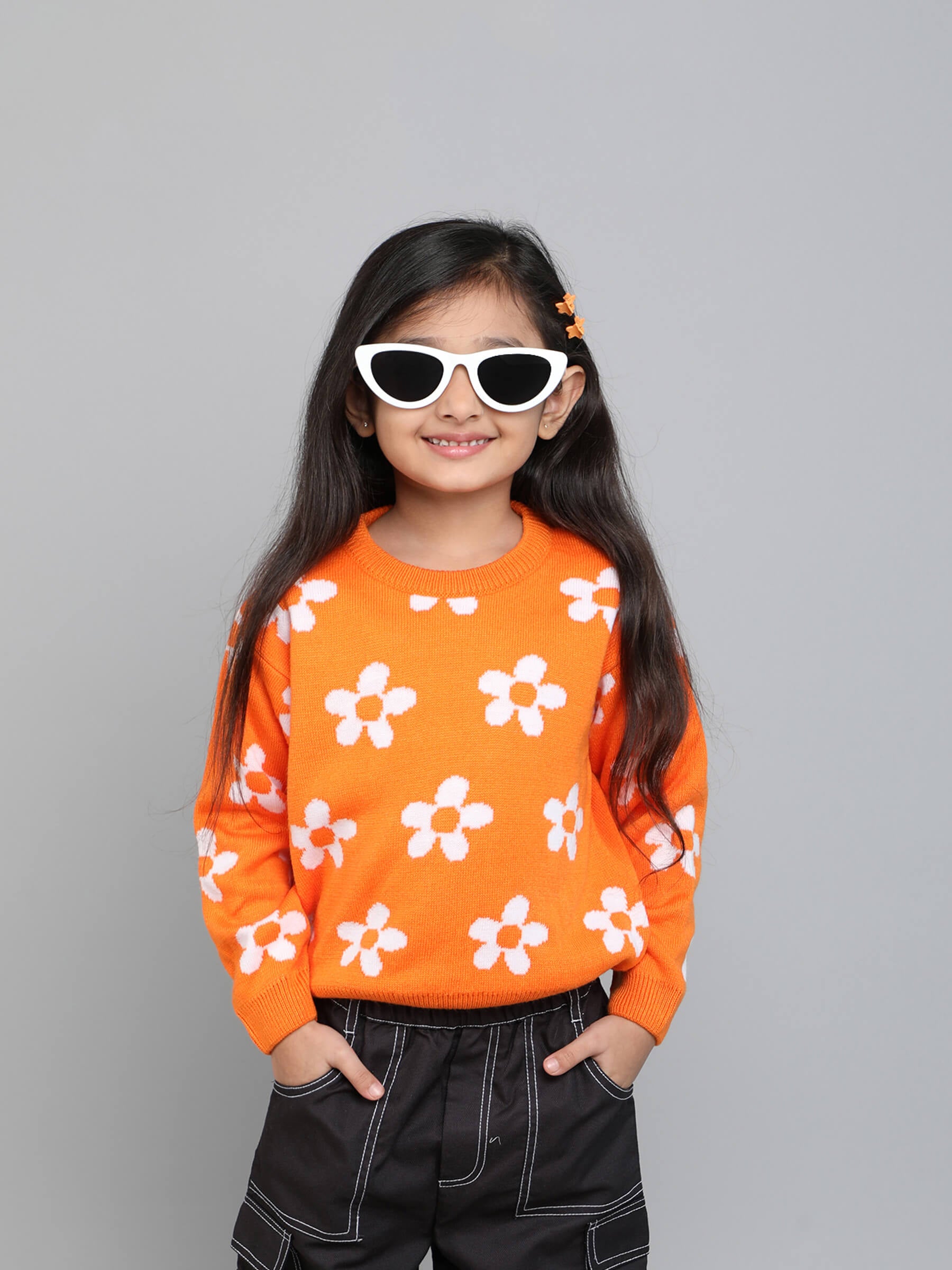 floral-knit full sleeves pullover sweater-Orange